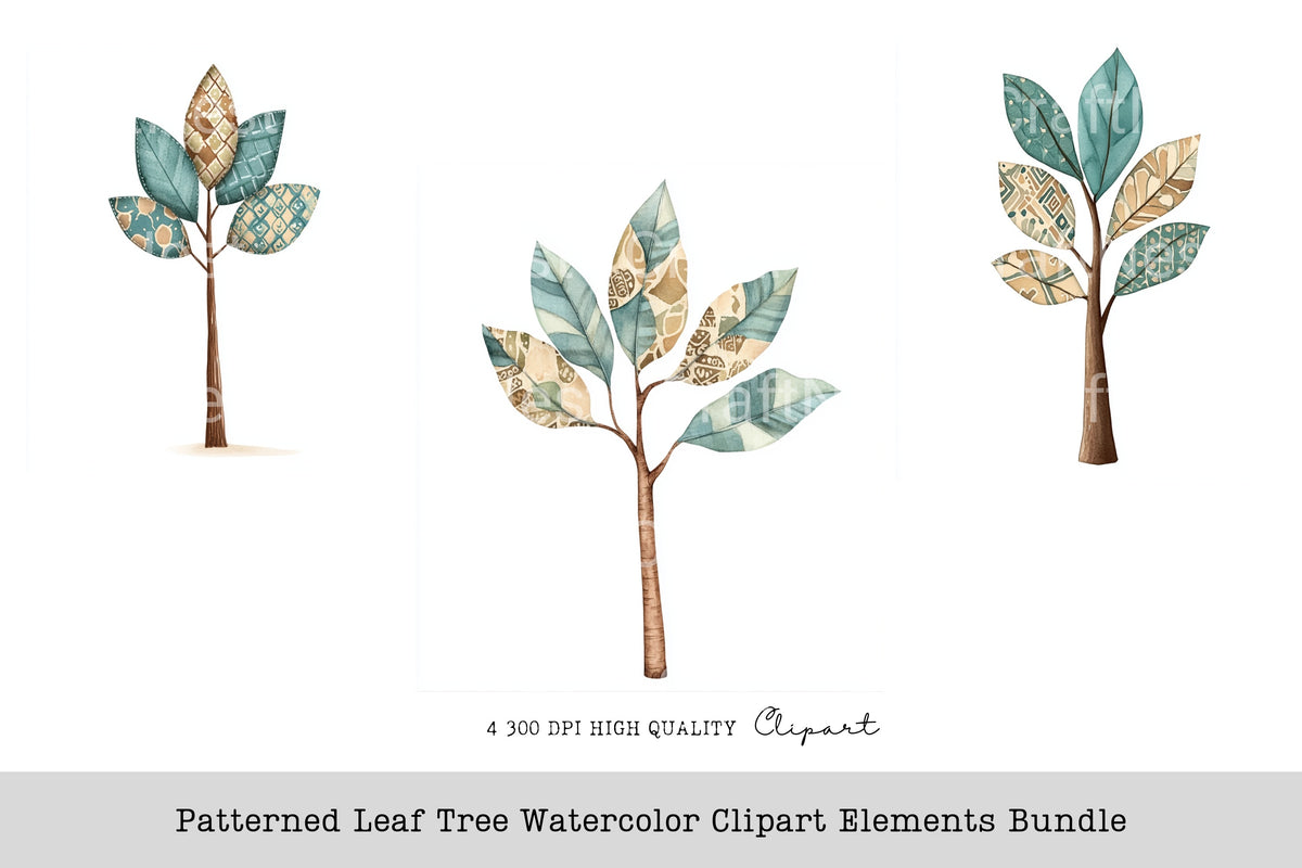 Patterned Leaf Tree Elements Clipart Bundle