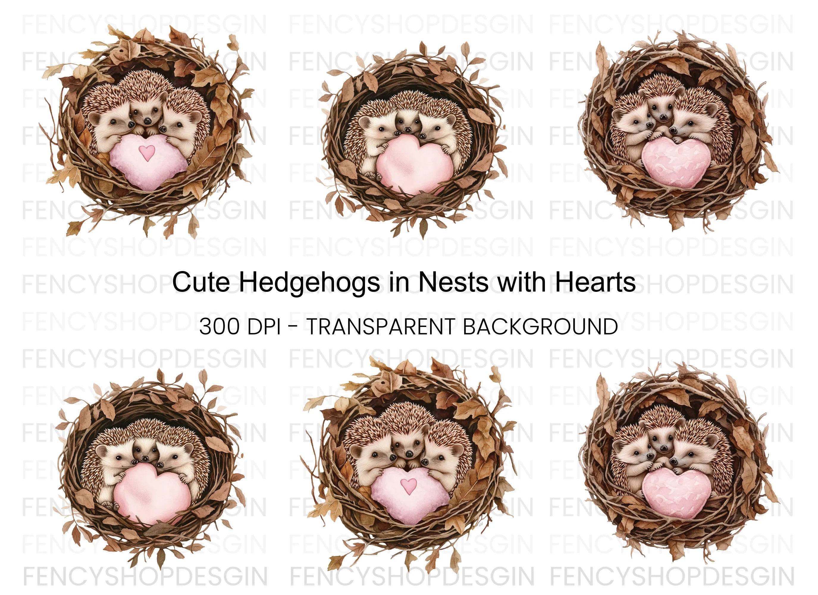 Cute Hedgehogs in Nests with Hearts Clipart Bundle