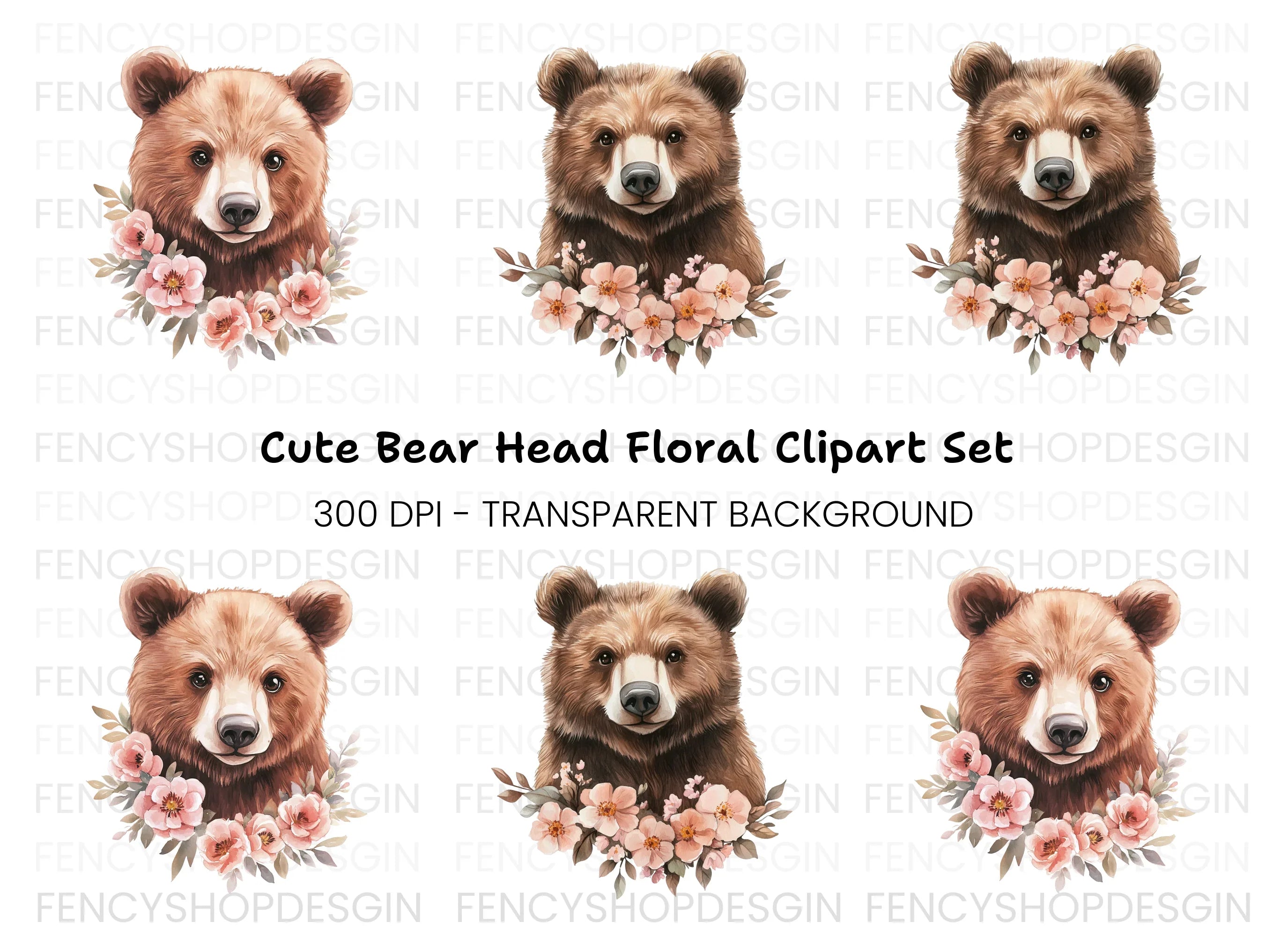 Cute Bear Faces with Floral Wreaths Clipart Bundle