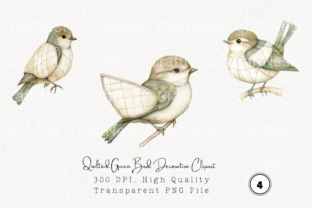 Quilted Green Bird Decorative Clipart Bundle
