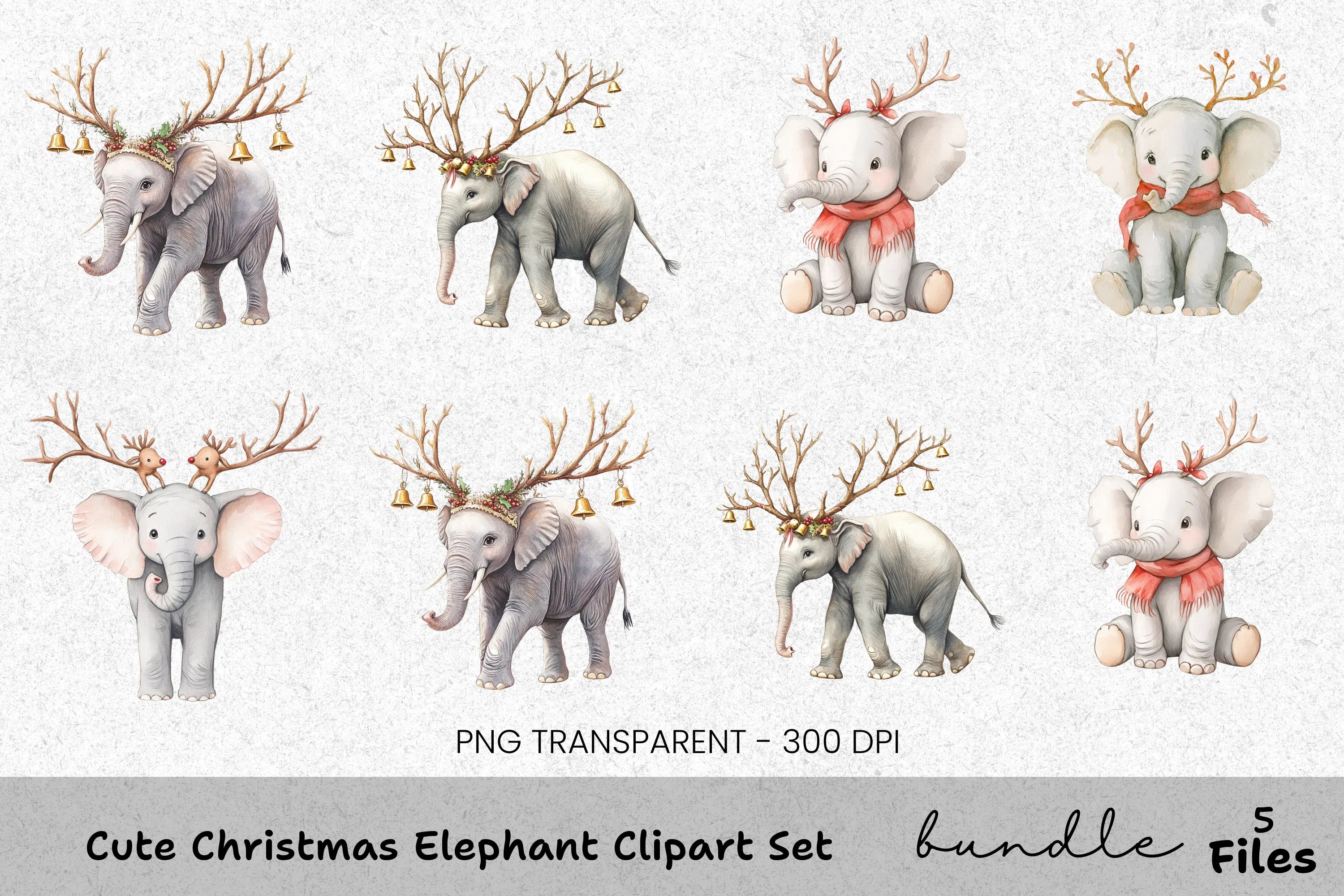 Cute Christmas Elephant Clipart Bundle