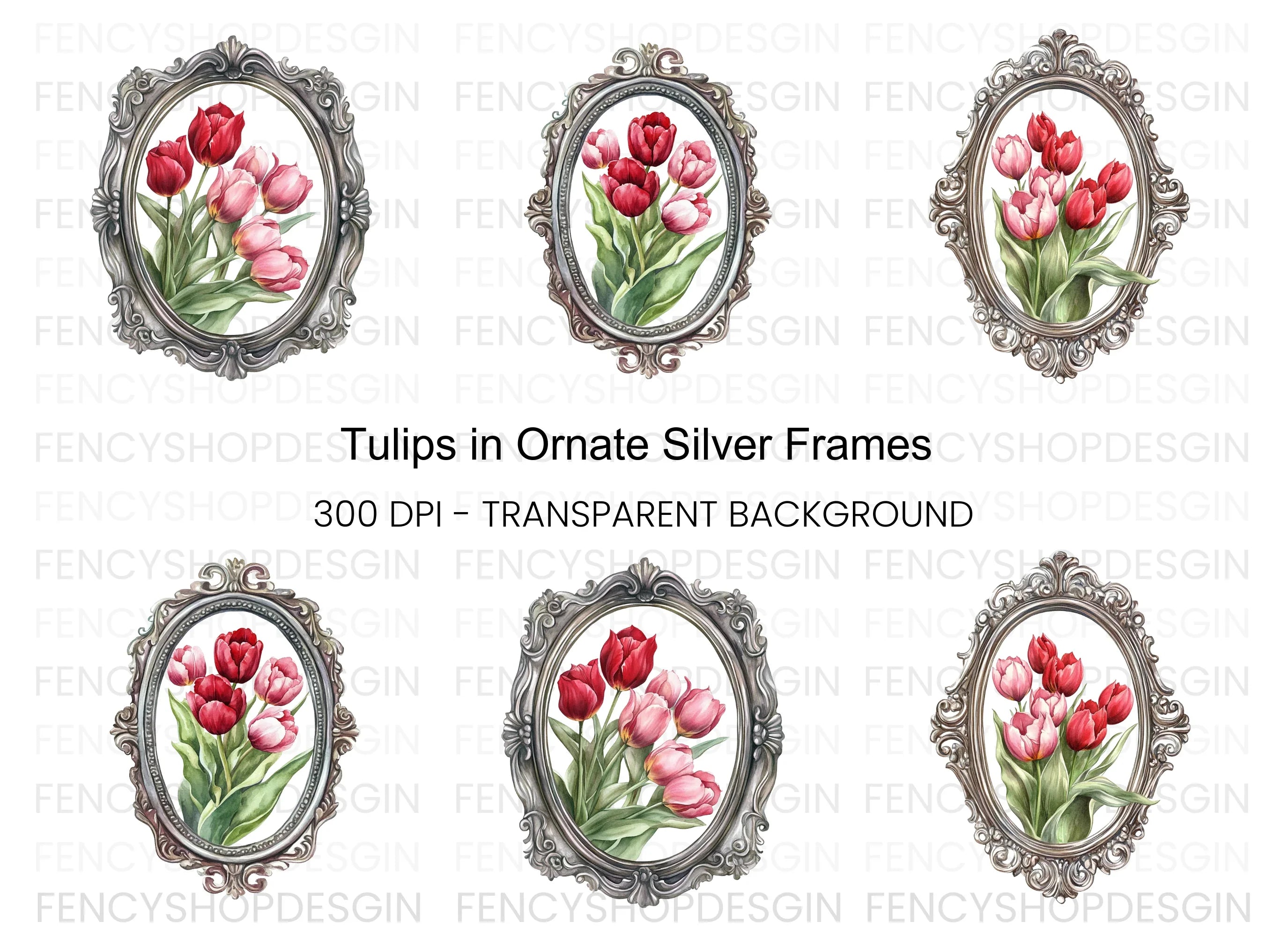 Vintage Tulip Bouquet Frame Clipart Bundle