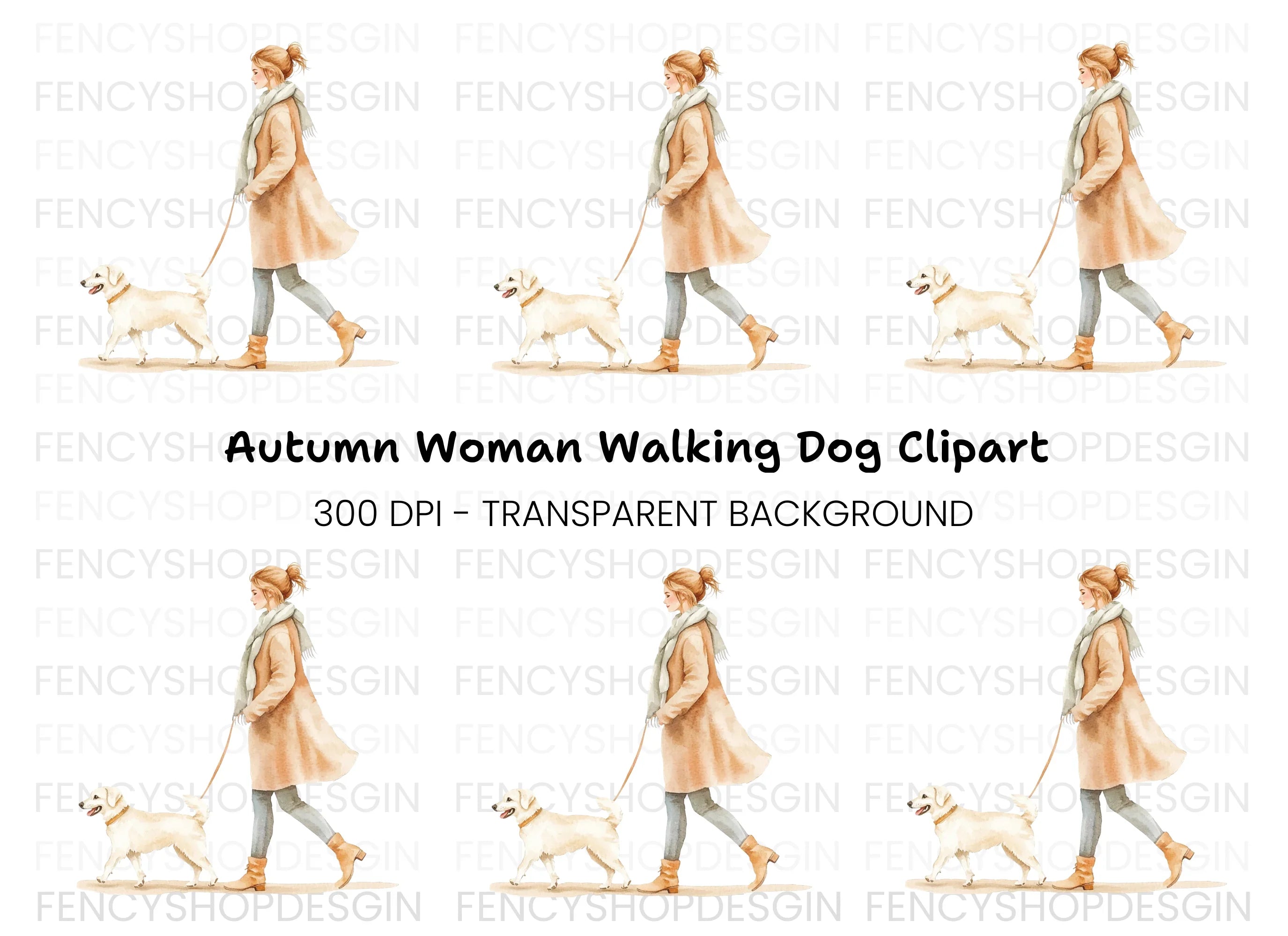 Dog Walking Woman Clipart Bundle