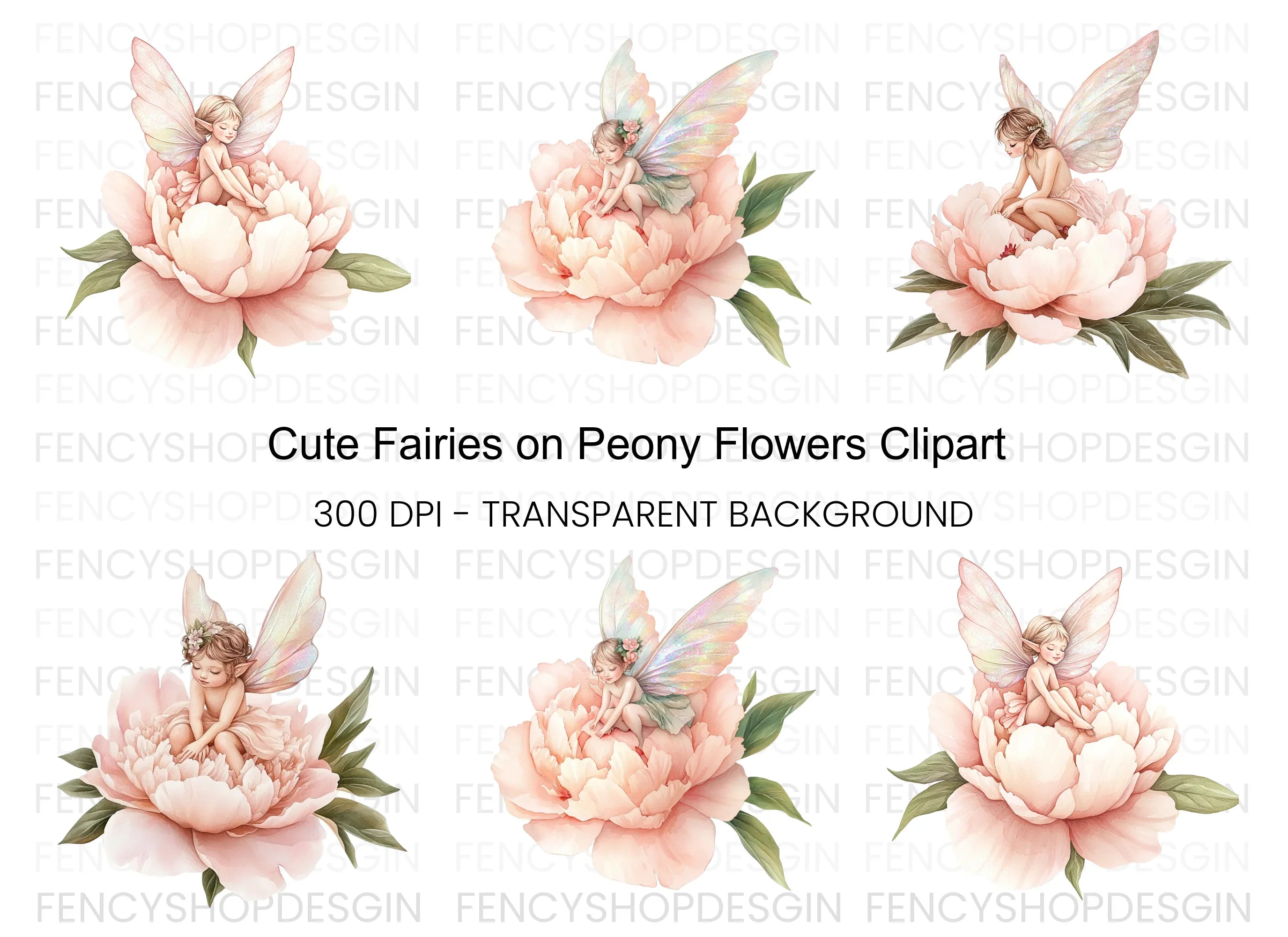 Fairies on Peony Flowers Clipart Bundle