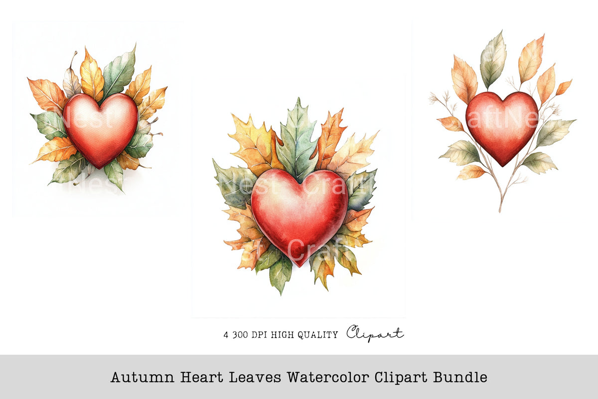 Autumn Heart Leaves Clipart Bundle