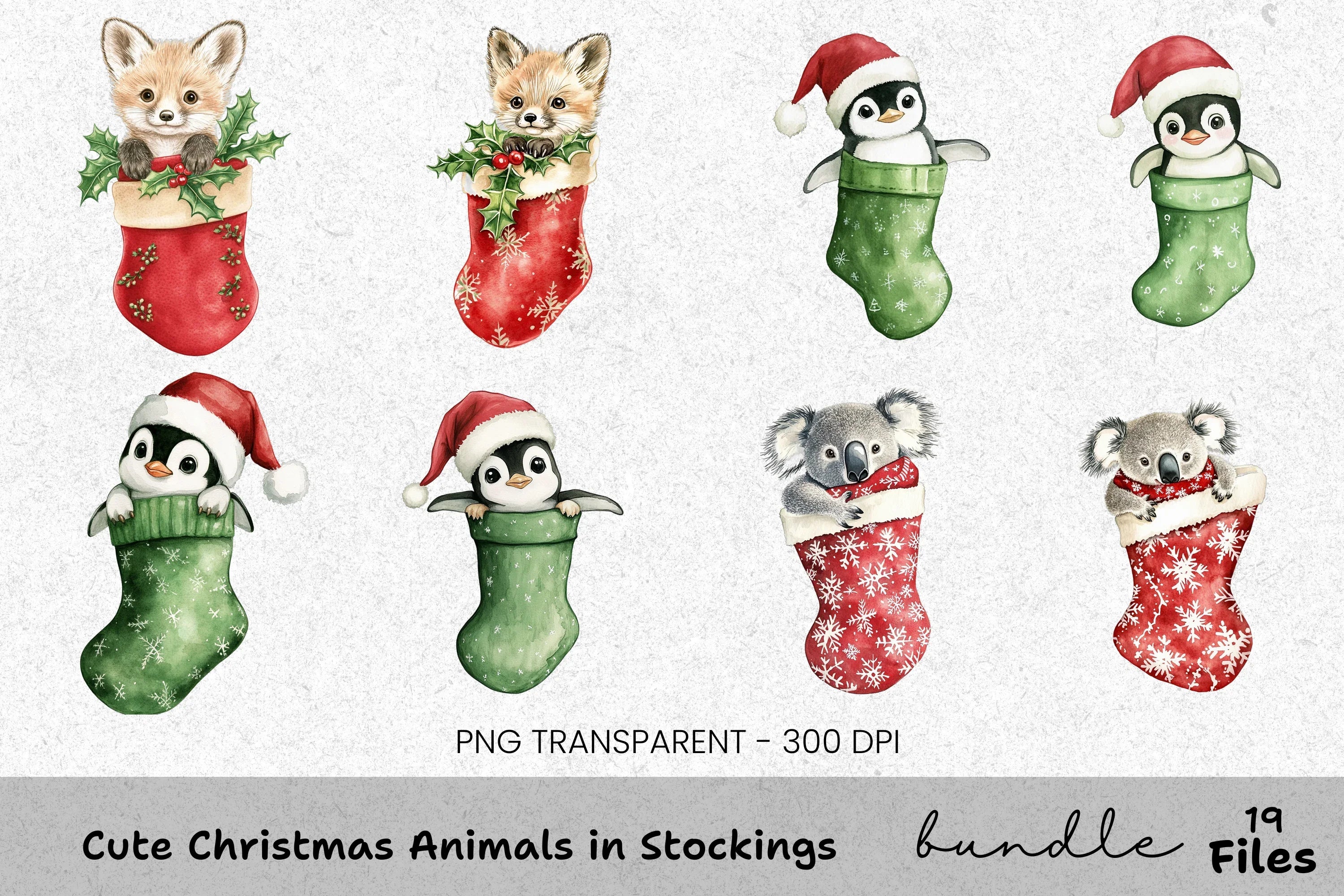 Cute Christmas Animals in Stockings Clipart Bundle