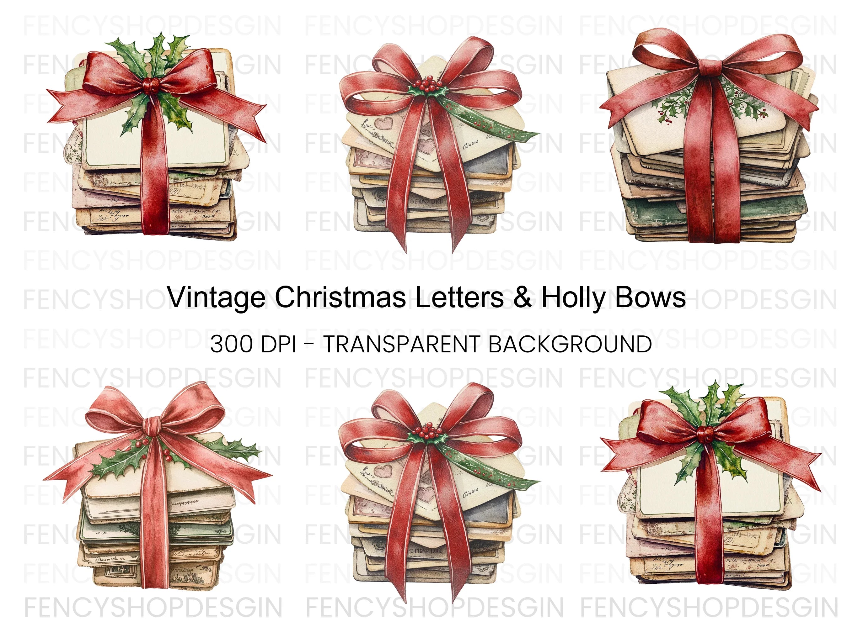 Vintage Christmas Mail with Holly Bows Clipart Bundle