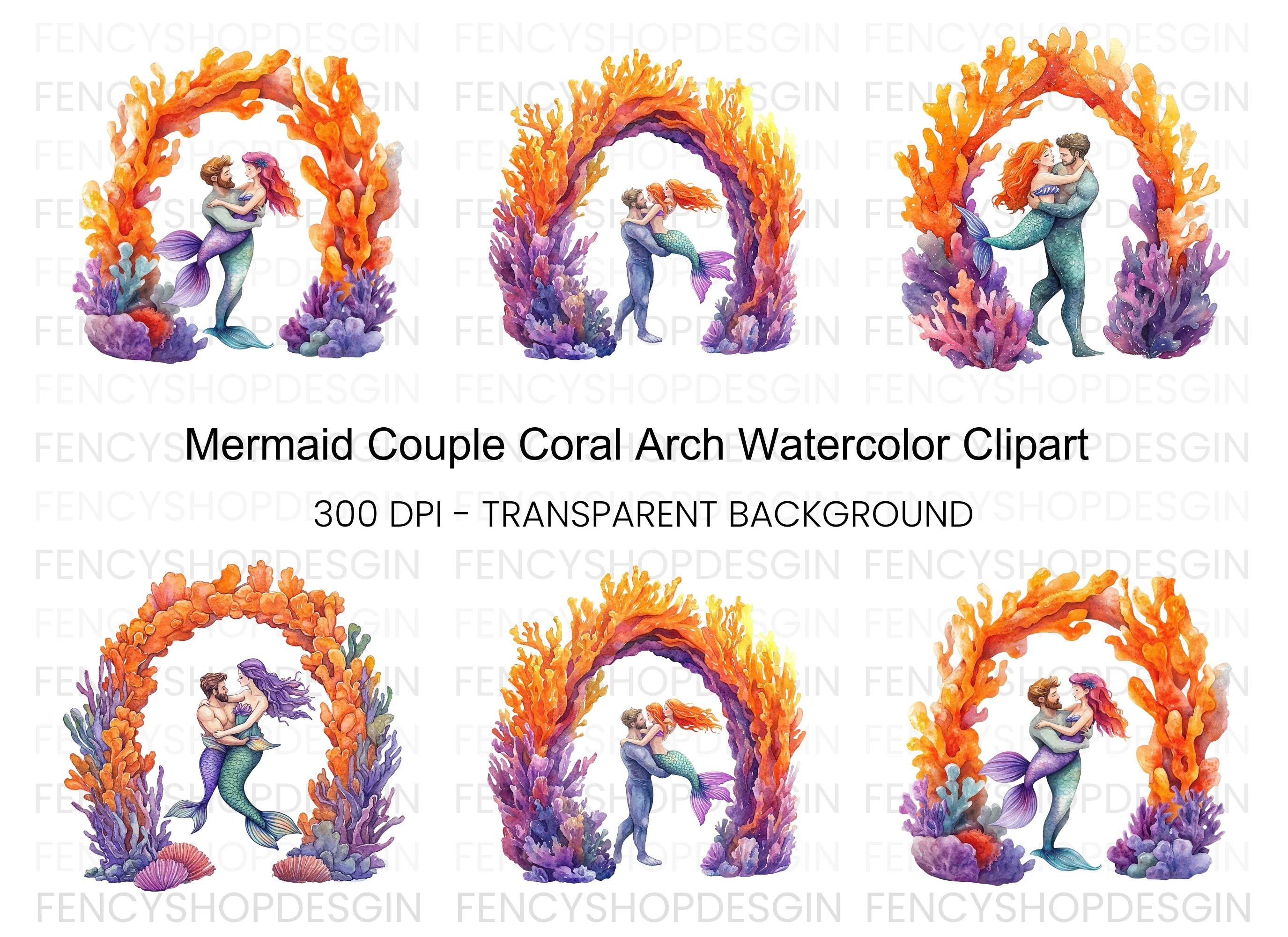 Mermaid Couple Coral Arch Clipart Bundle