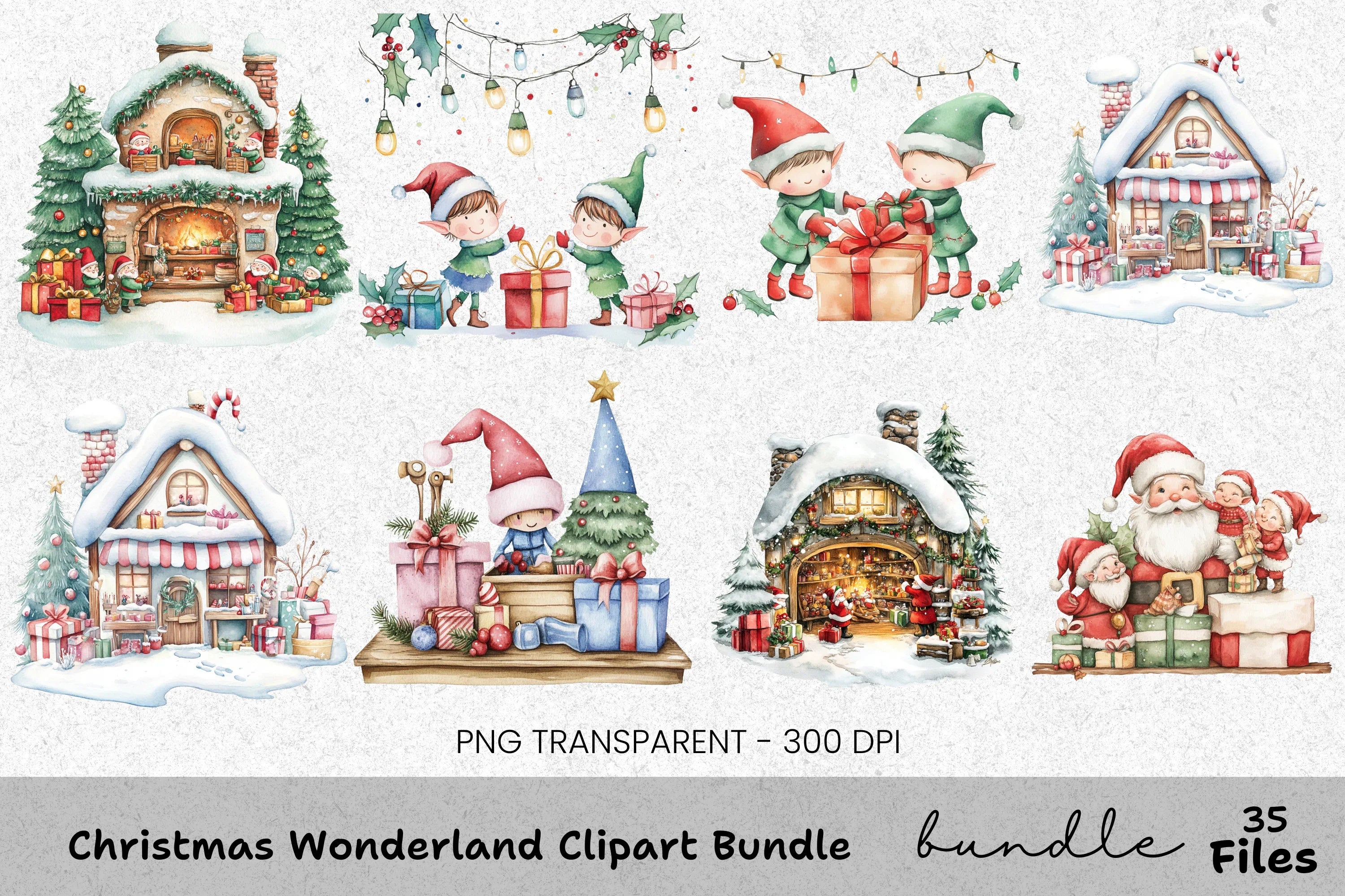 Christmas Elves Fireplace Clipart Bundle
