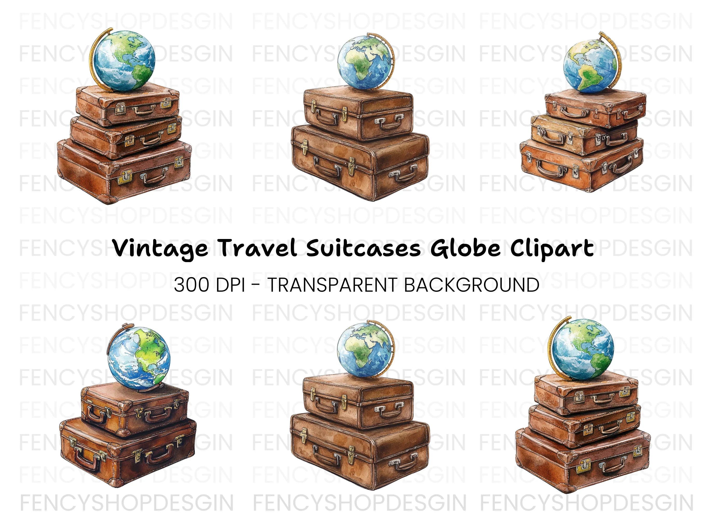 Vintage Travel Suitcases with Globe Clipart Bundle