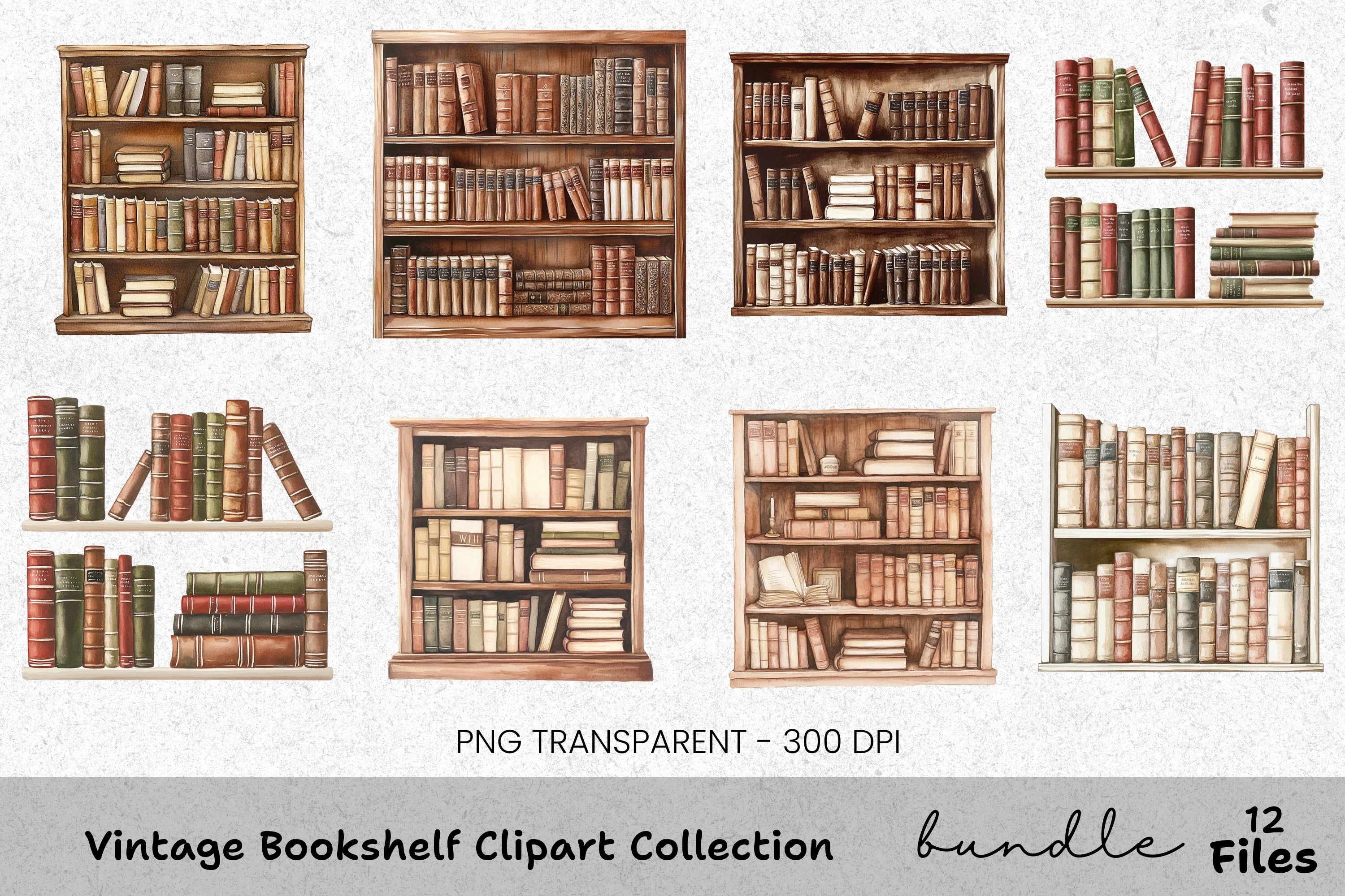 Vintage Bookshelf Clipart Bundle