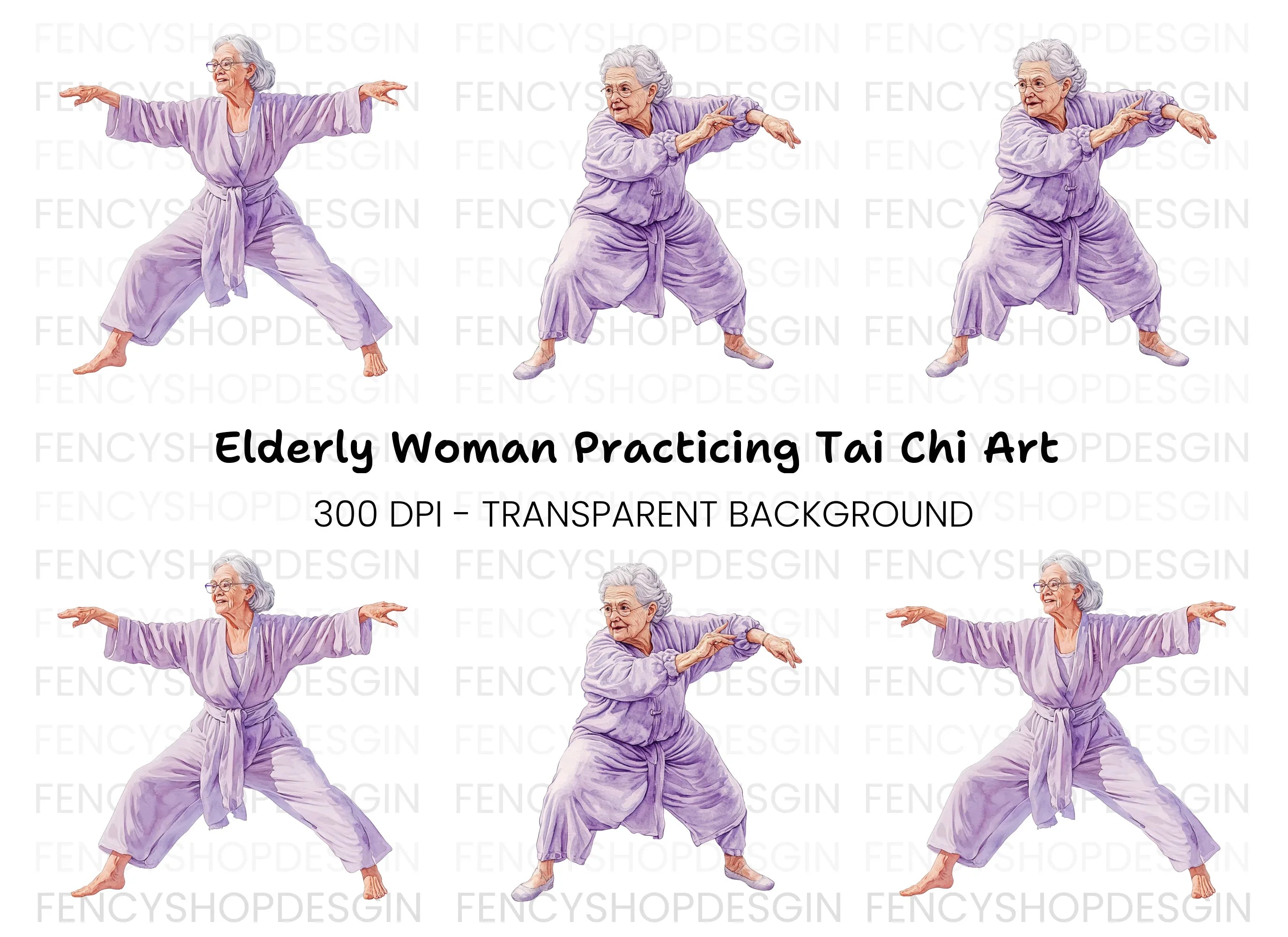 Elderly Woman Tai Chi Clipart Bundle