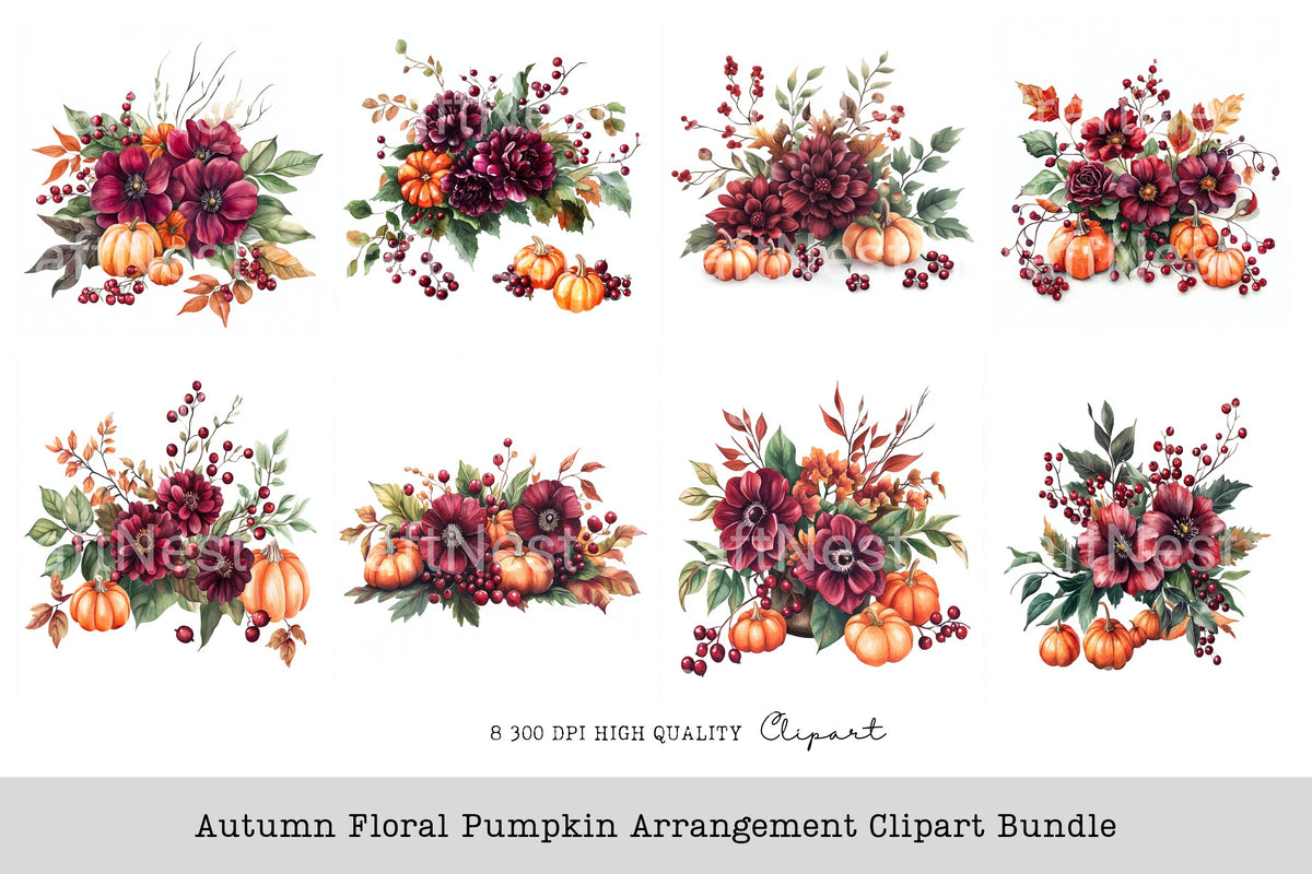 Autumn Floral Pumpkin Arrangement Clipart Bundle