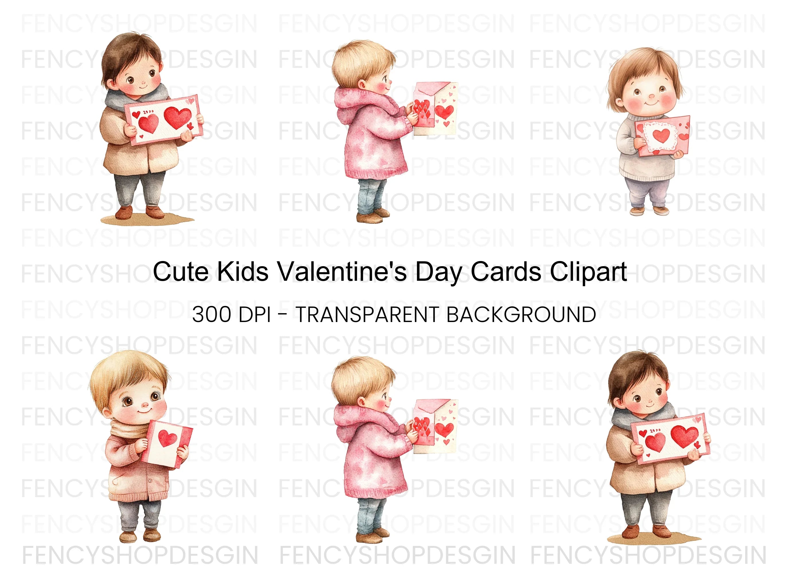 Cute Kids with Valentine Day Cards Clipart Bundle