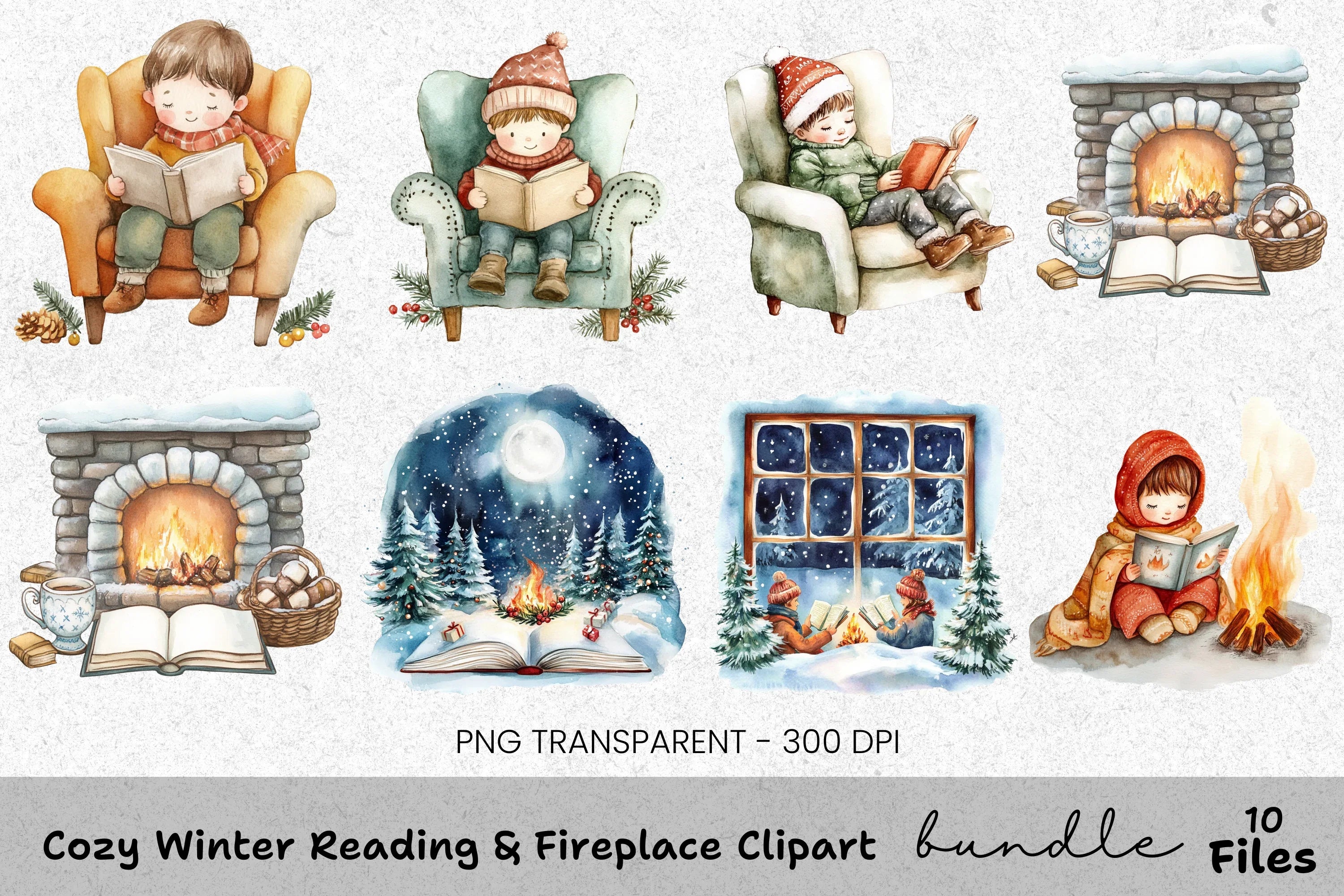 Cozy Winter Fireplace Reading Clipart Bundle