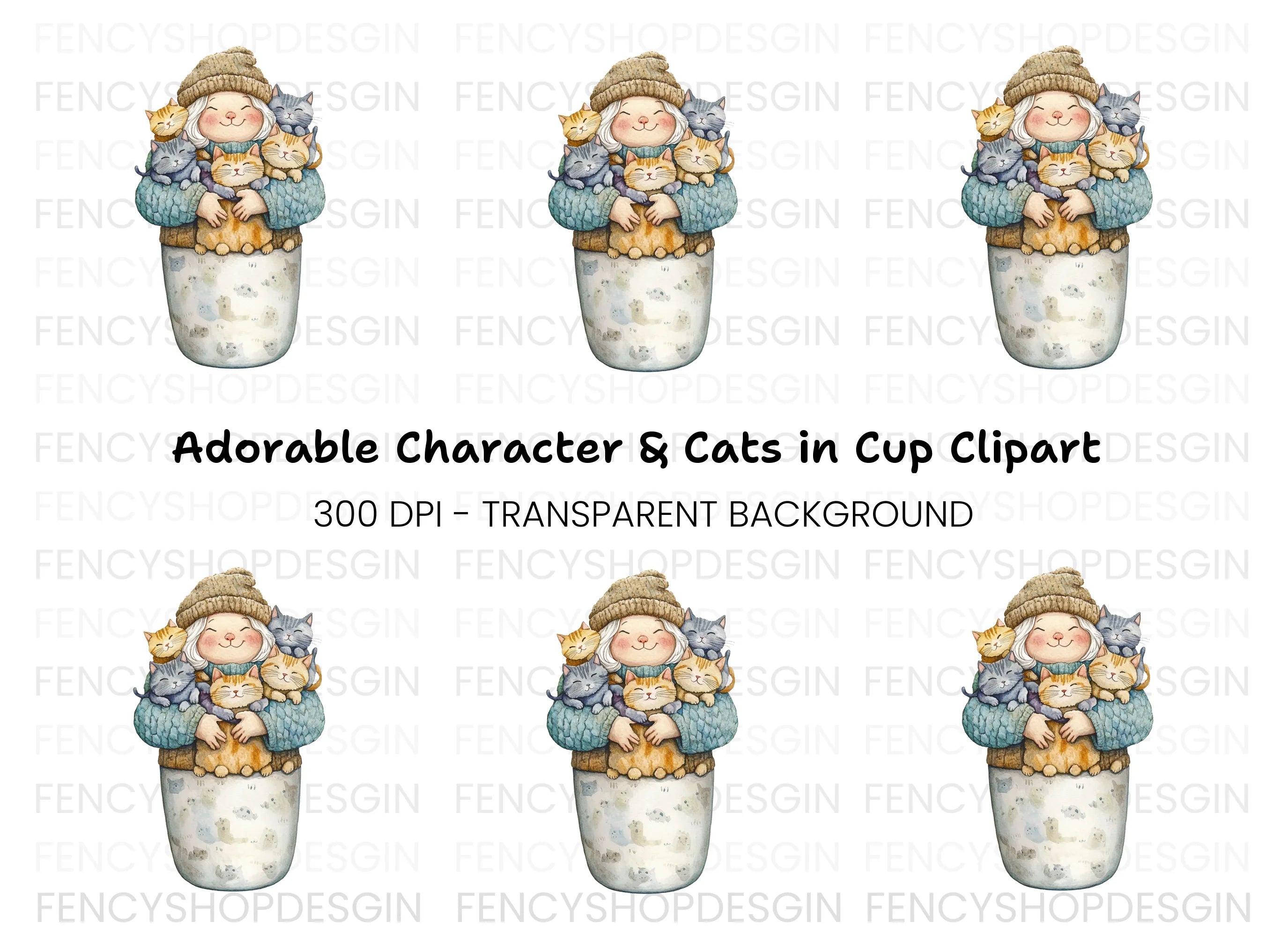 Cozy Girl with Many Cats Clipart Bundle