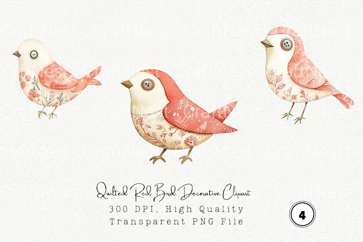 Quilted Red Bird Decorative Clipart Bundle