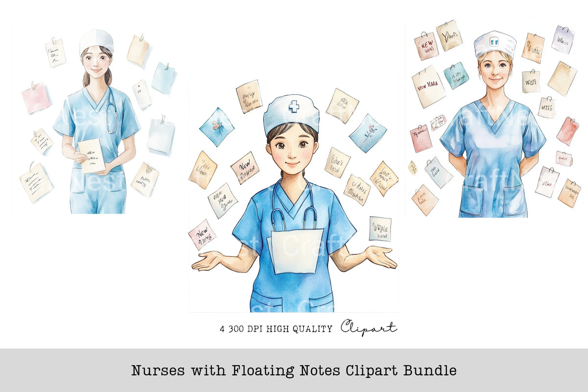 Nurses With Floating Notes Clipart Bundle