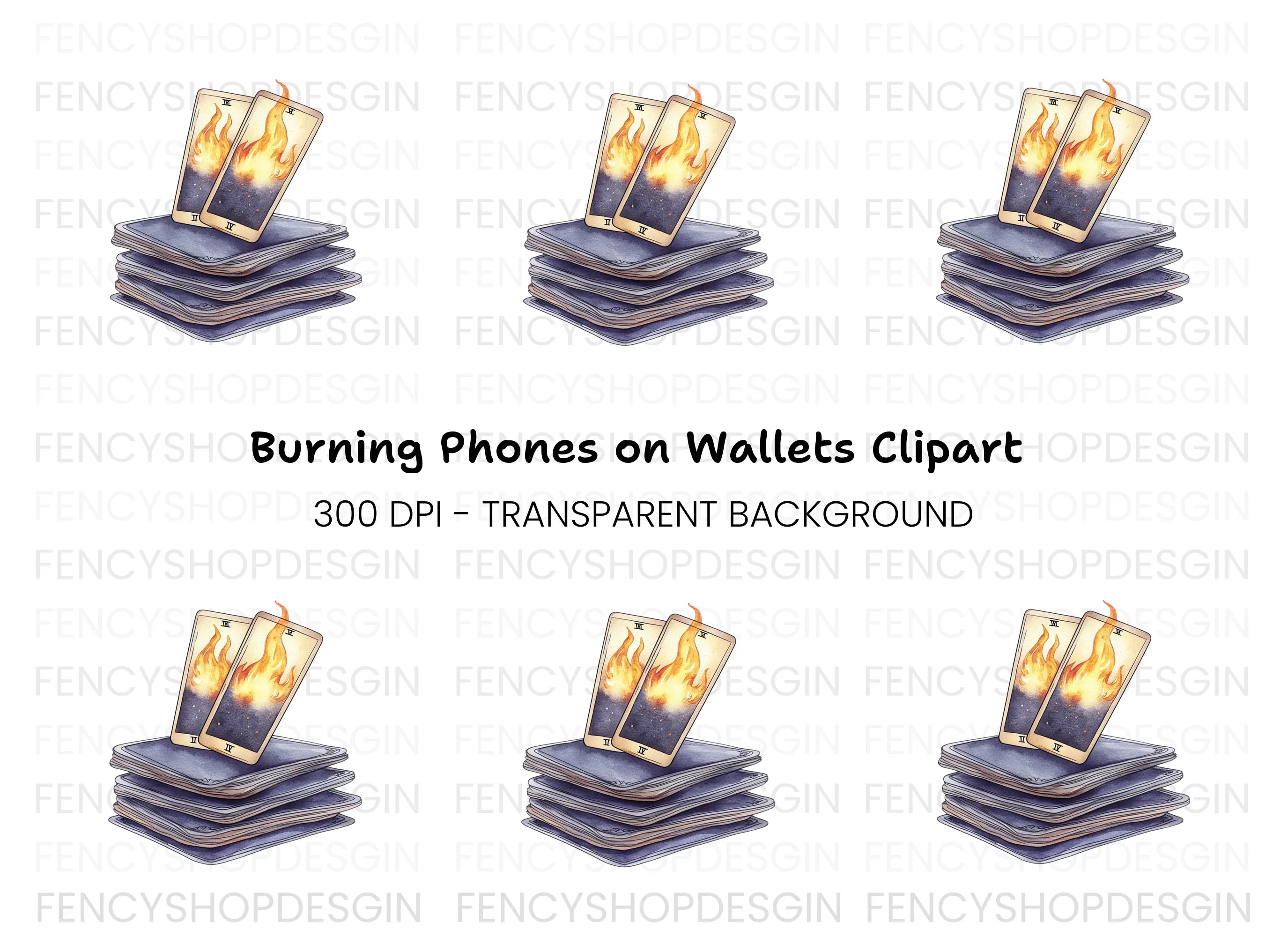 Fiery Tarot Cards Stack Clipart Bundle