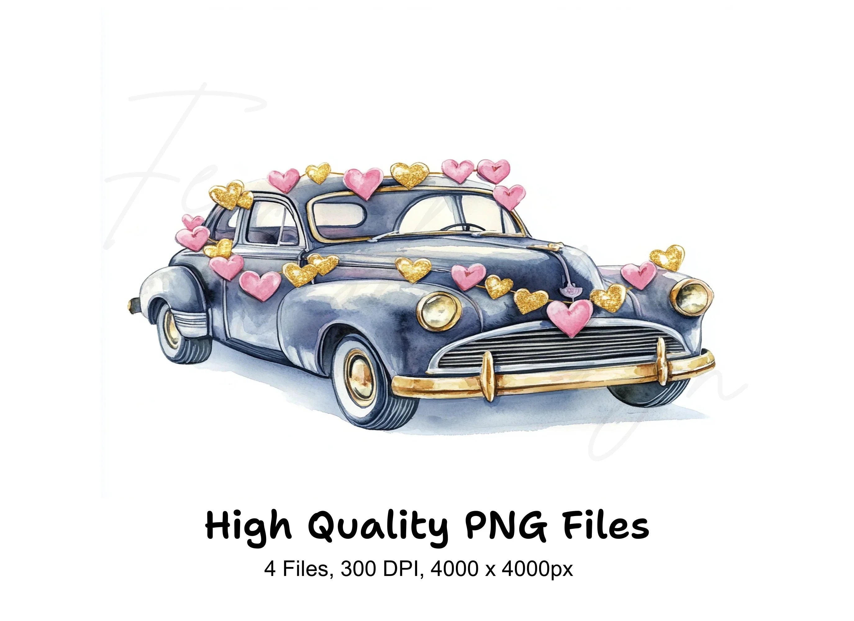 Vintage Cars with Heart Garlands Clipart Bundle