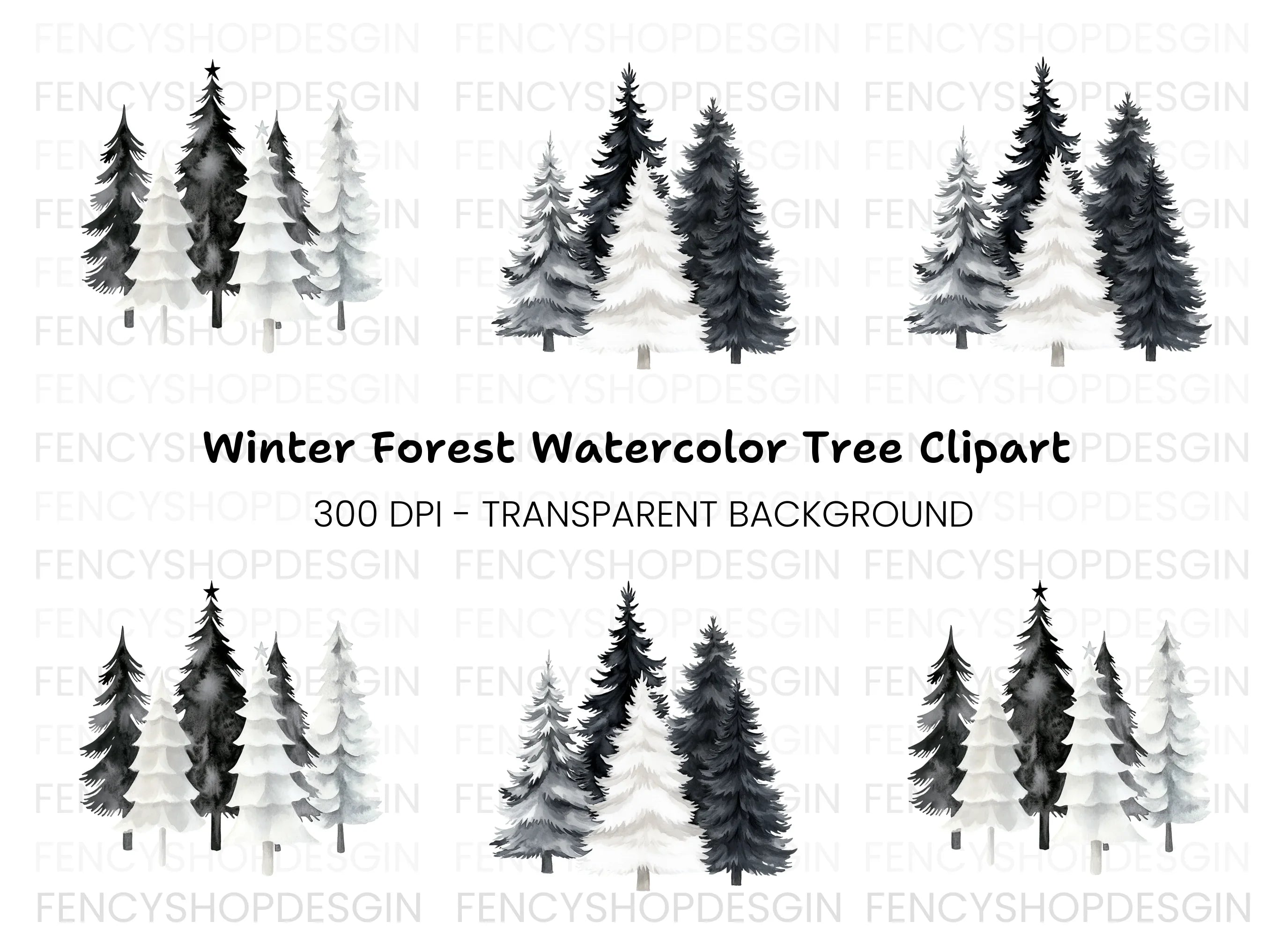 Monochrome Christmas Tree Clipart Bundle