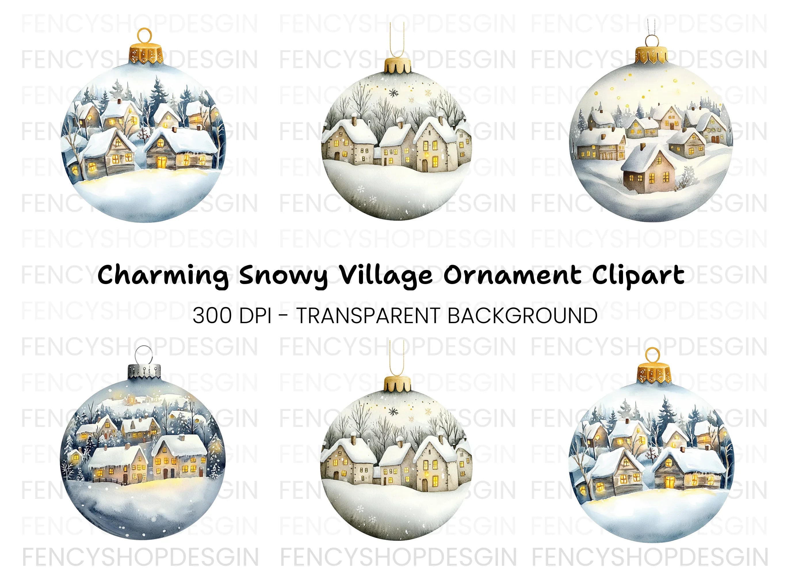 Winter Village Christmas Ornament Clipart Bundle