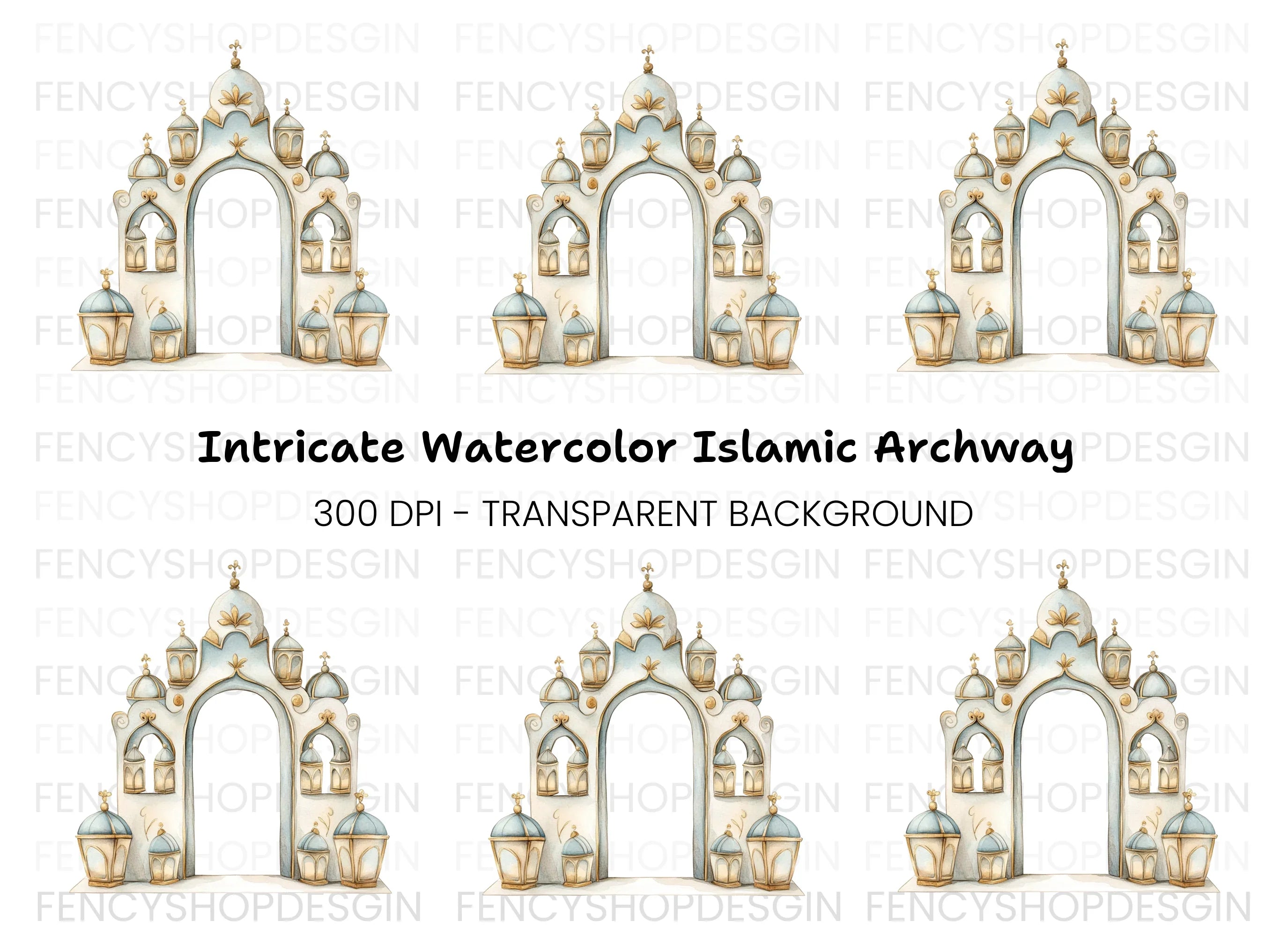Ornate Islamic Arch with Lanterns Clipart Bundle