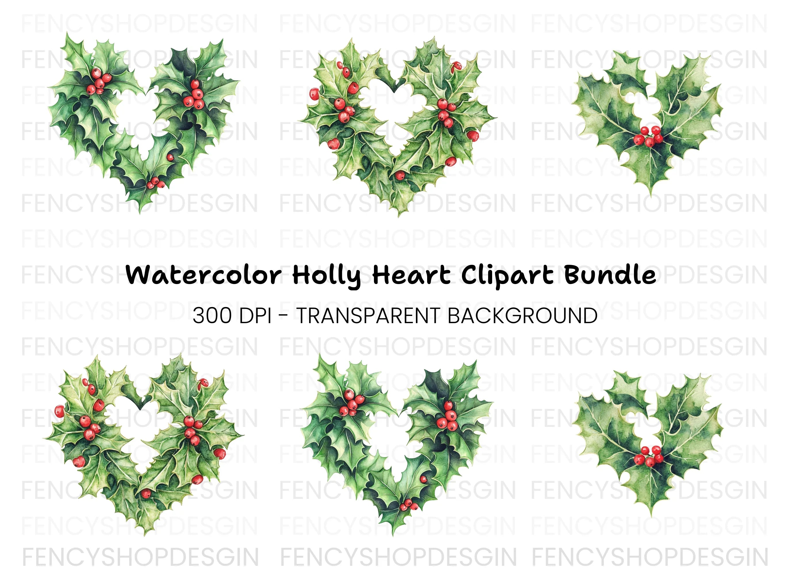 Holly Heart Wreath Clipart Bundle