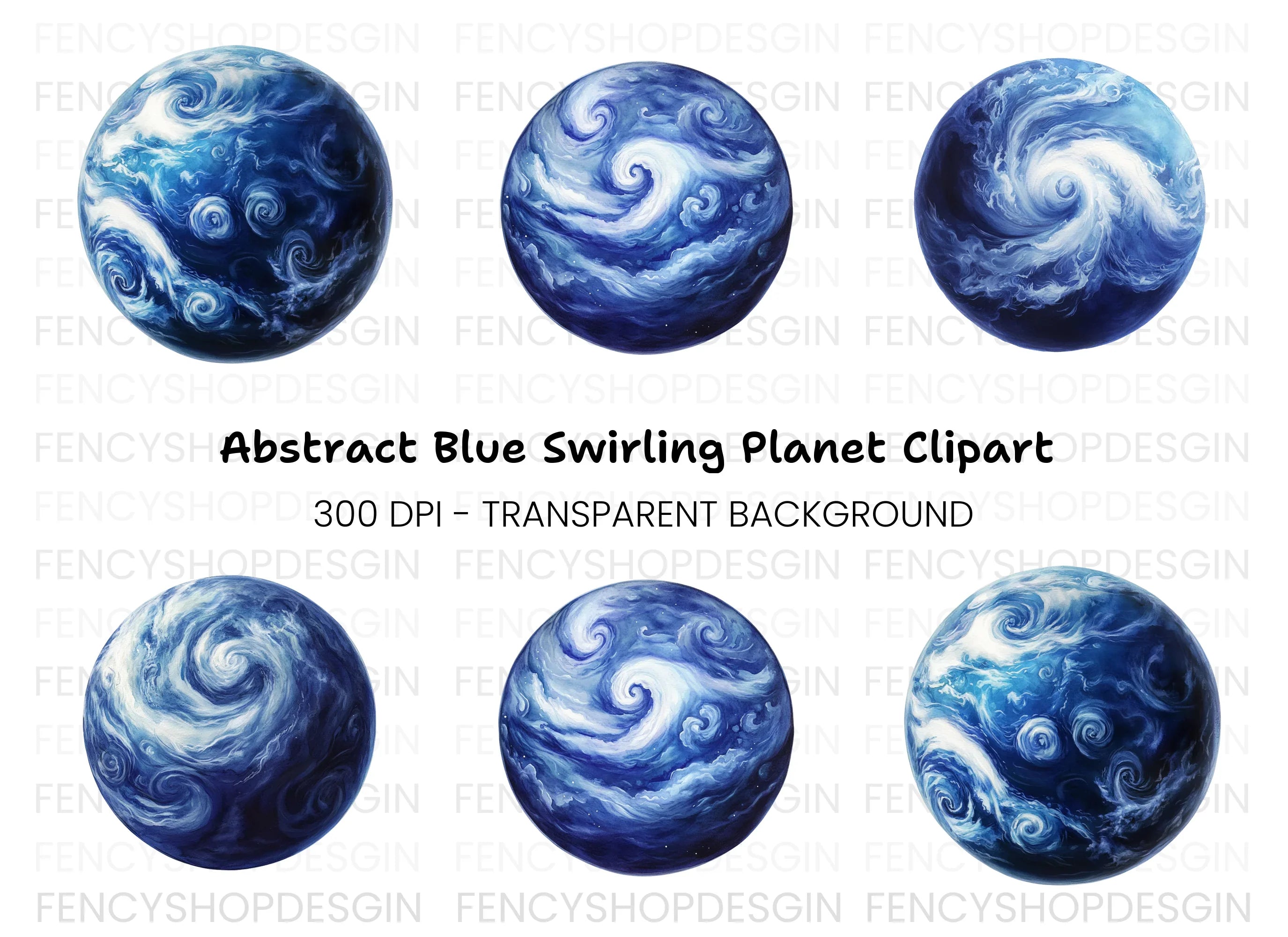 Blue Swirling Abstract Planet Clipart Bundle