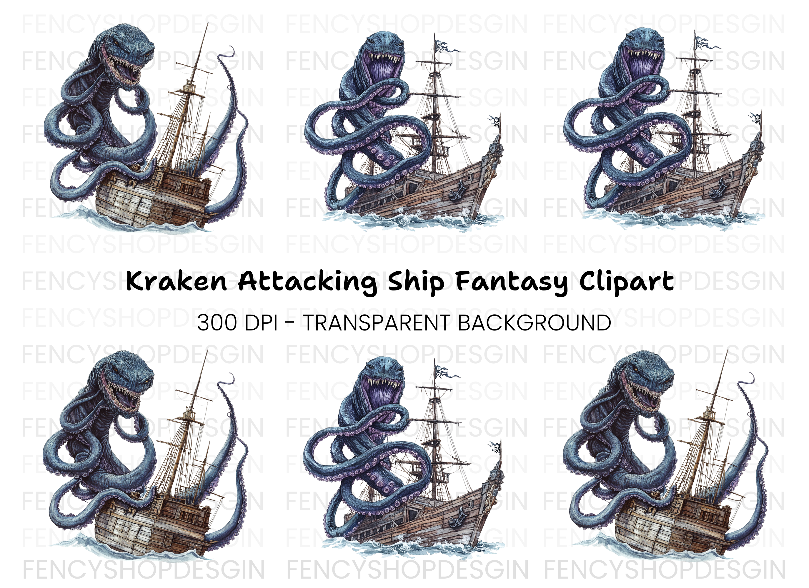 Kraken Attack Pirate Ship Clipart Bundle