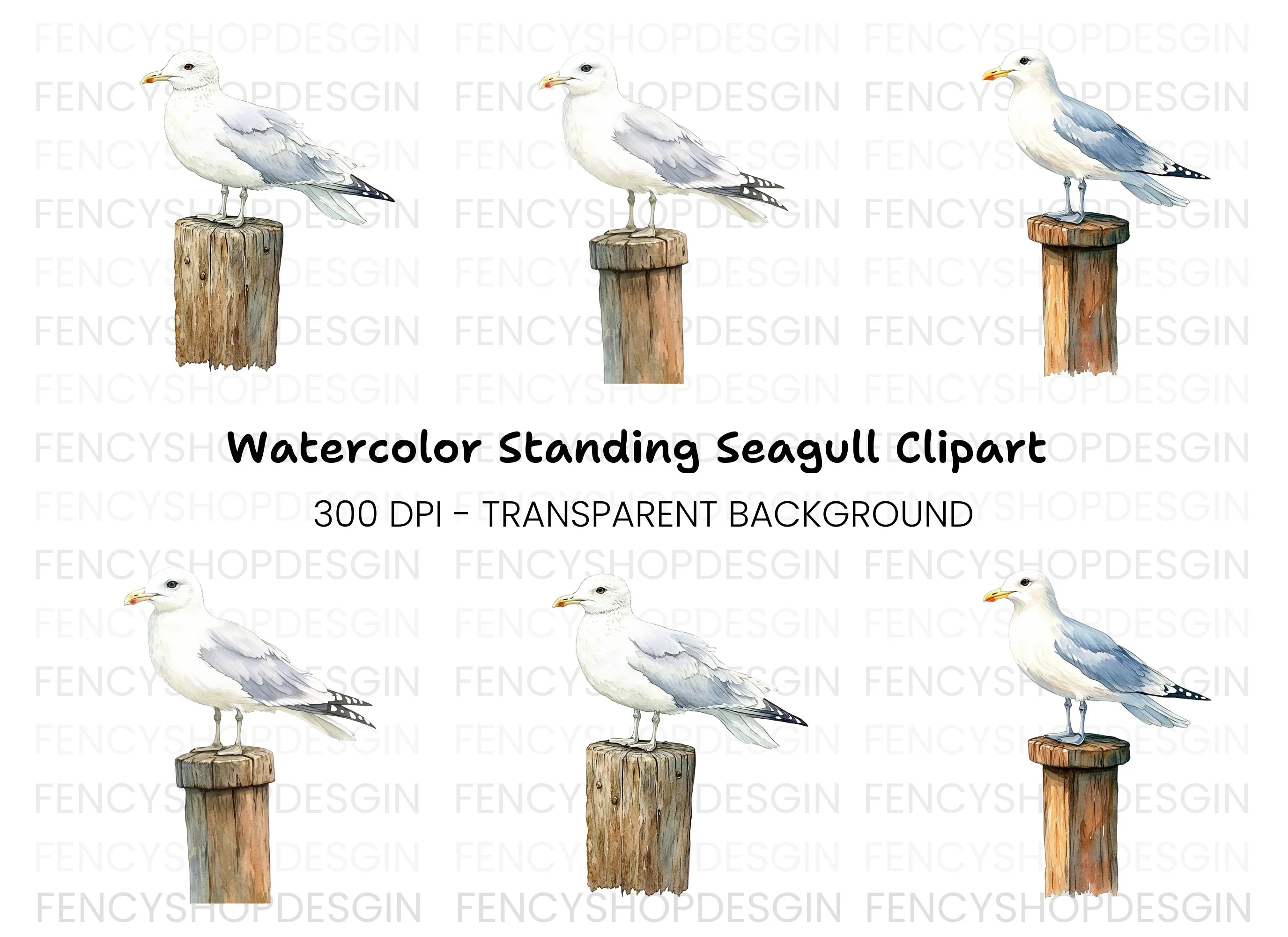 Seagull on Wooden Post Clipart Bundle