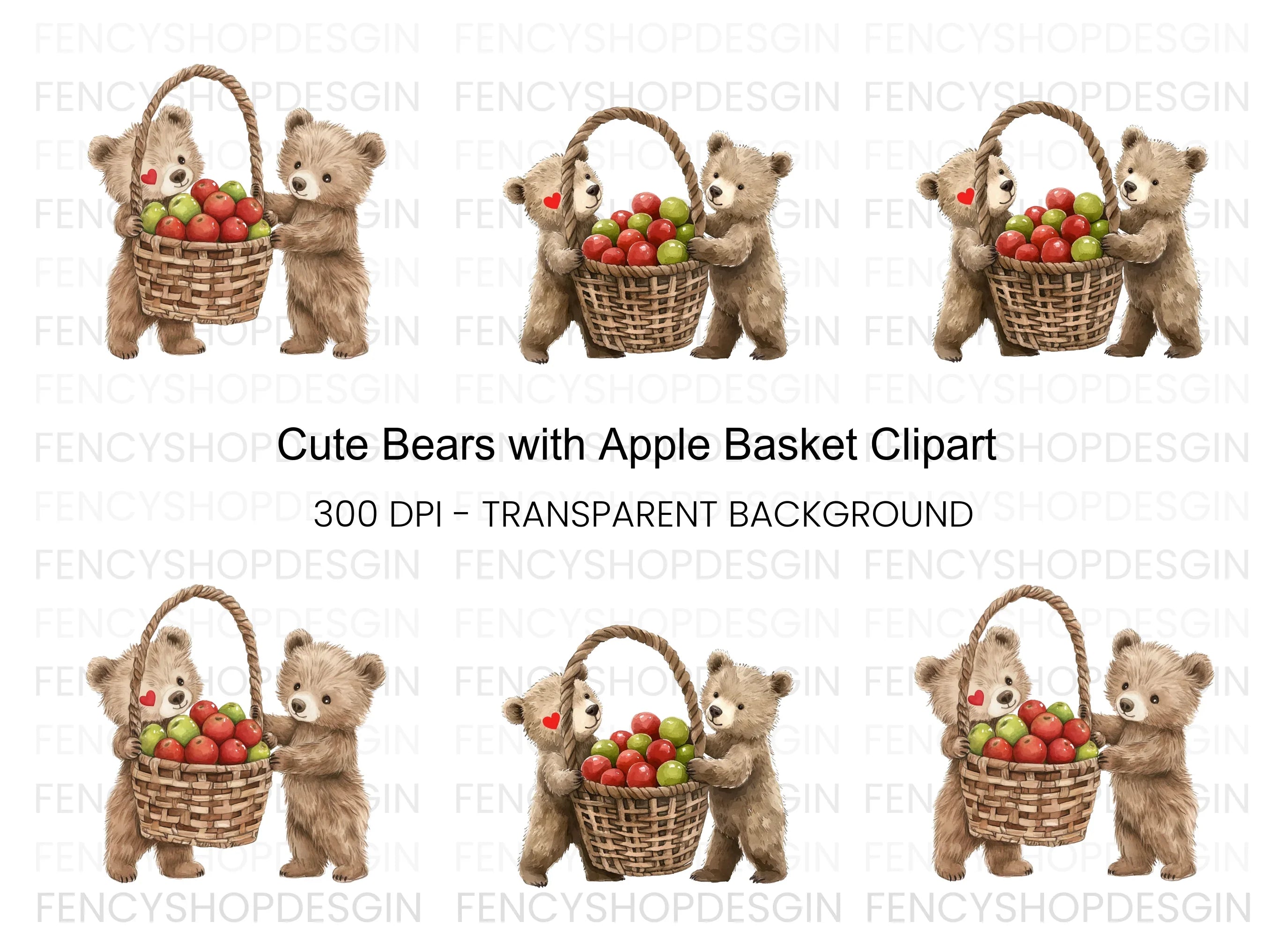 Cute Bear Friends with Apple Basket Clipart Bundle