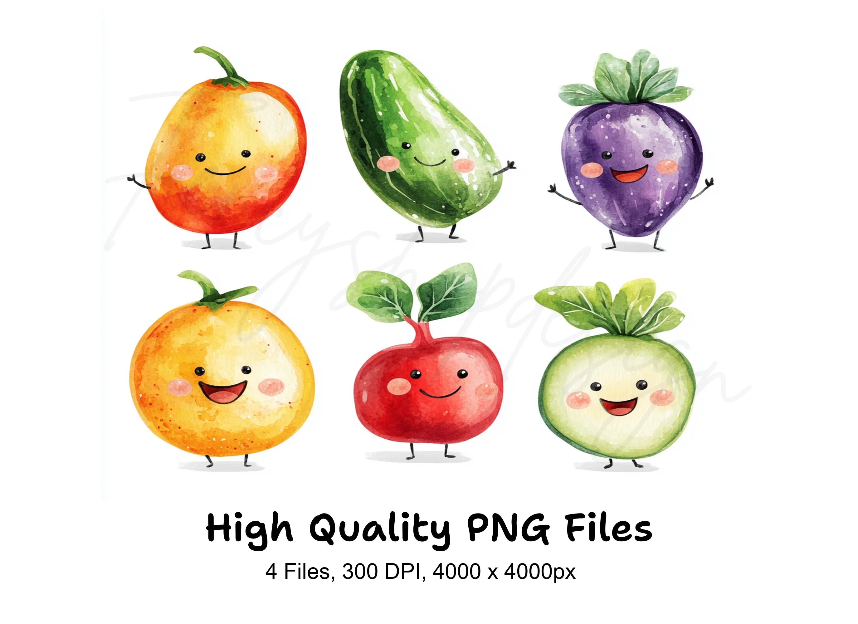 Cute Happy Fruits & Veggies Clipart Bundle