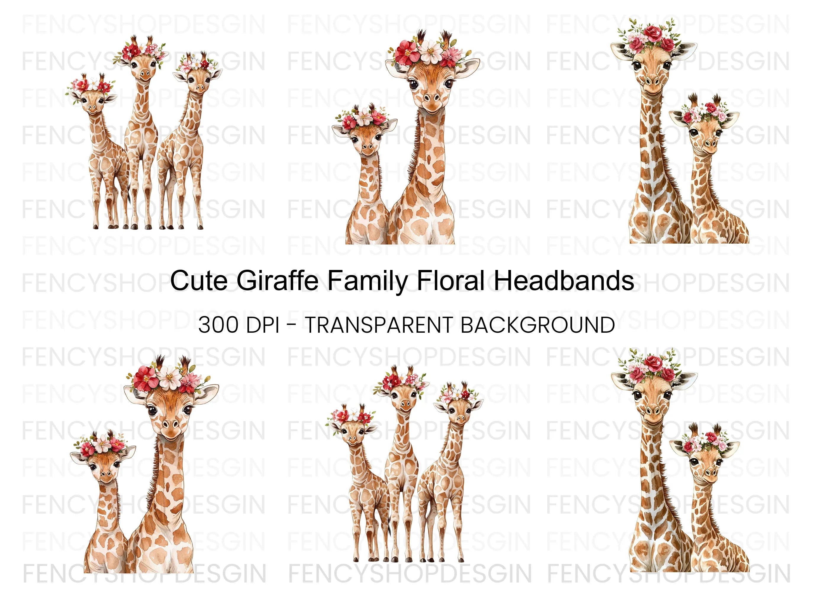 Cute Giraffe Family with Flower Crowns Clipart Bundle