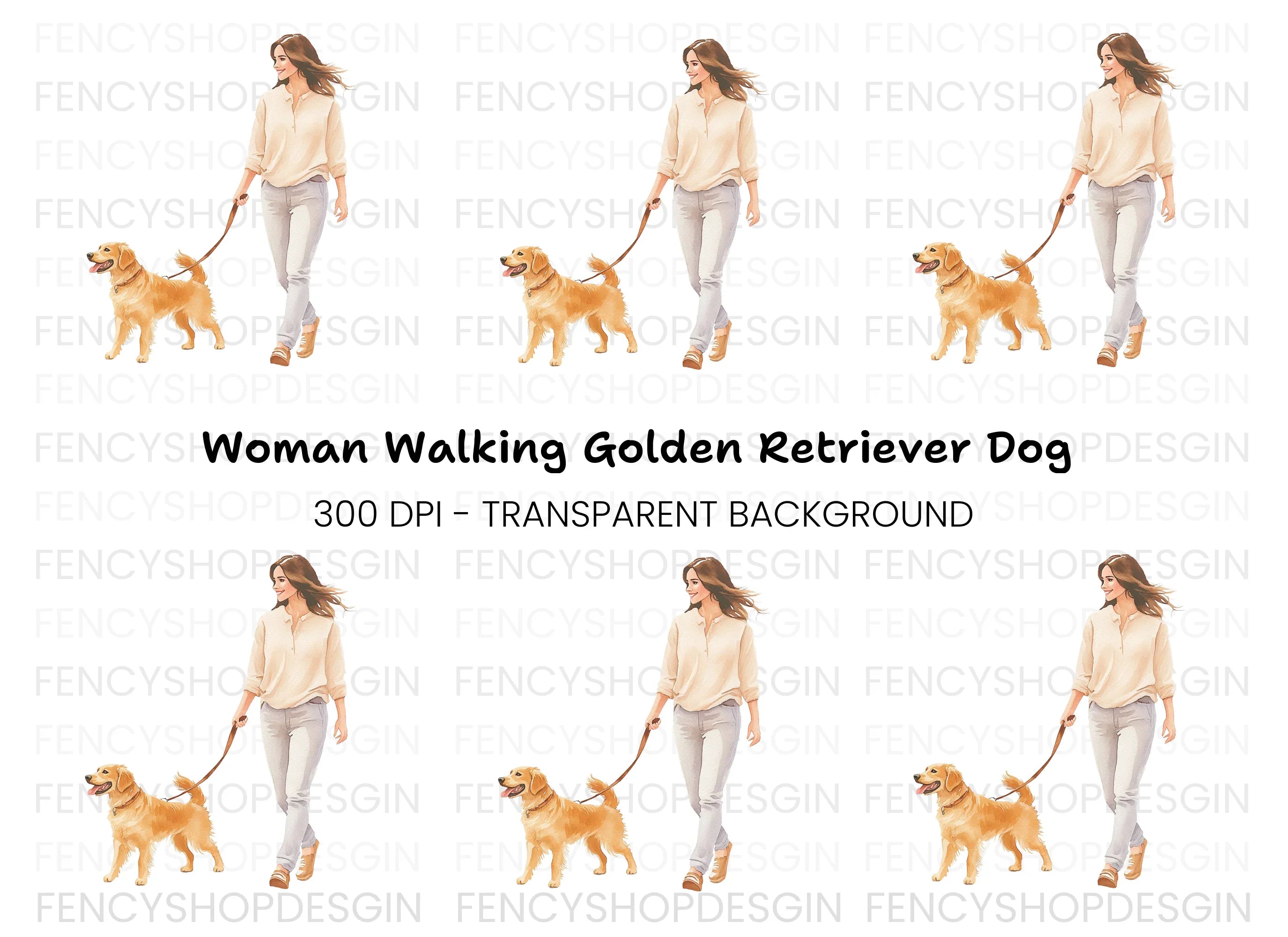 Happy Woman Walking Golden Retriever Clipart Bundle