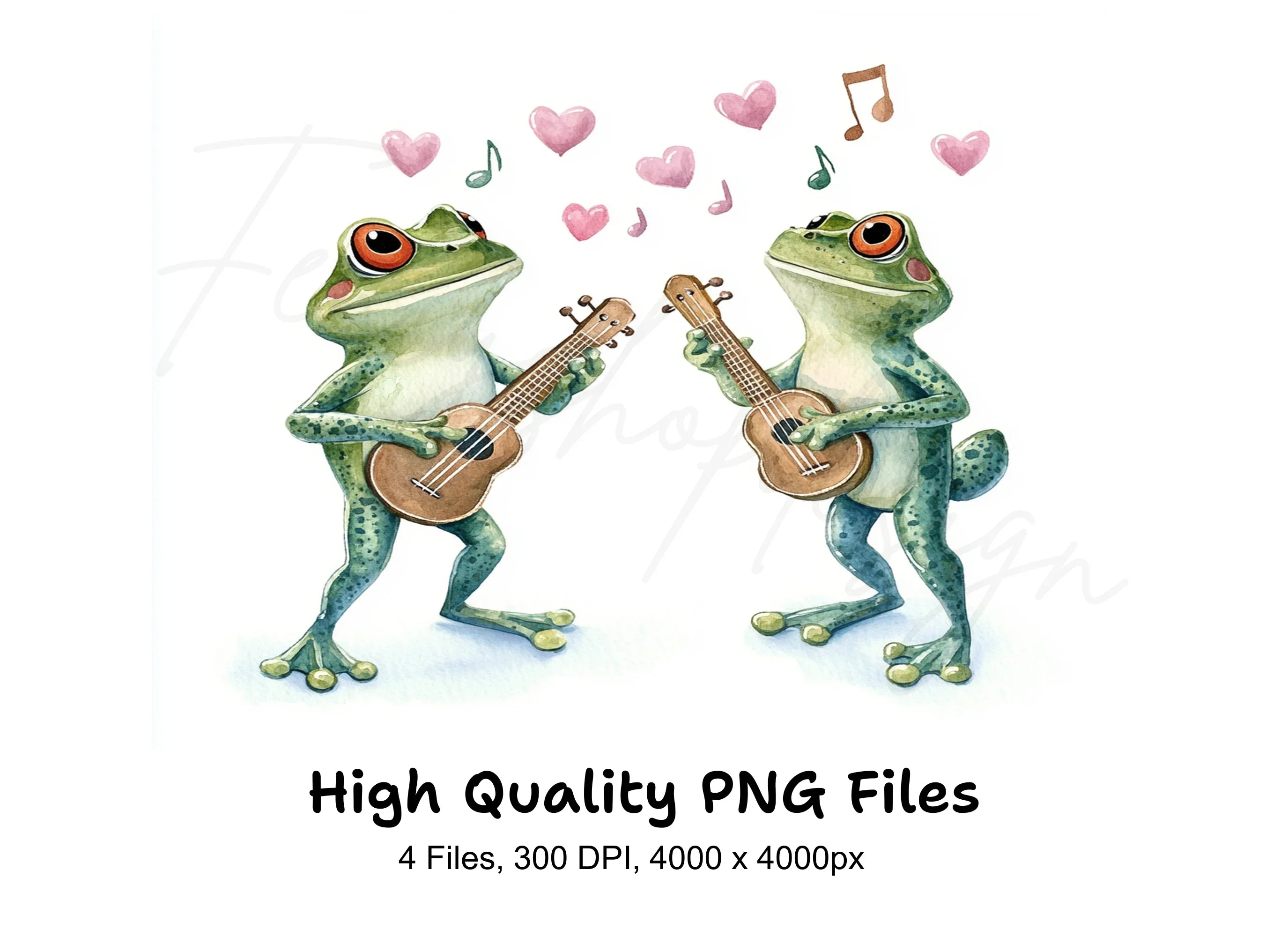 Romantic Frog Couple Playing Ukulele Clipart Bundle