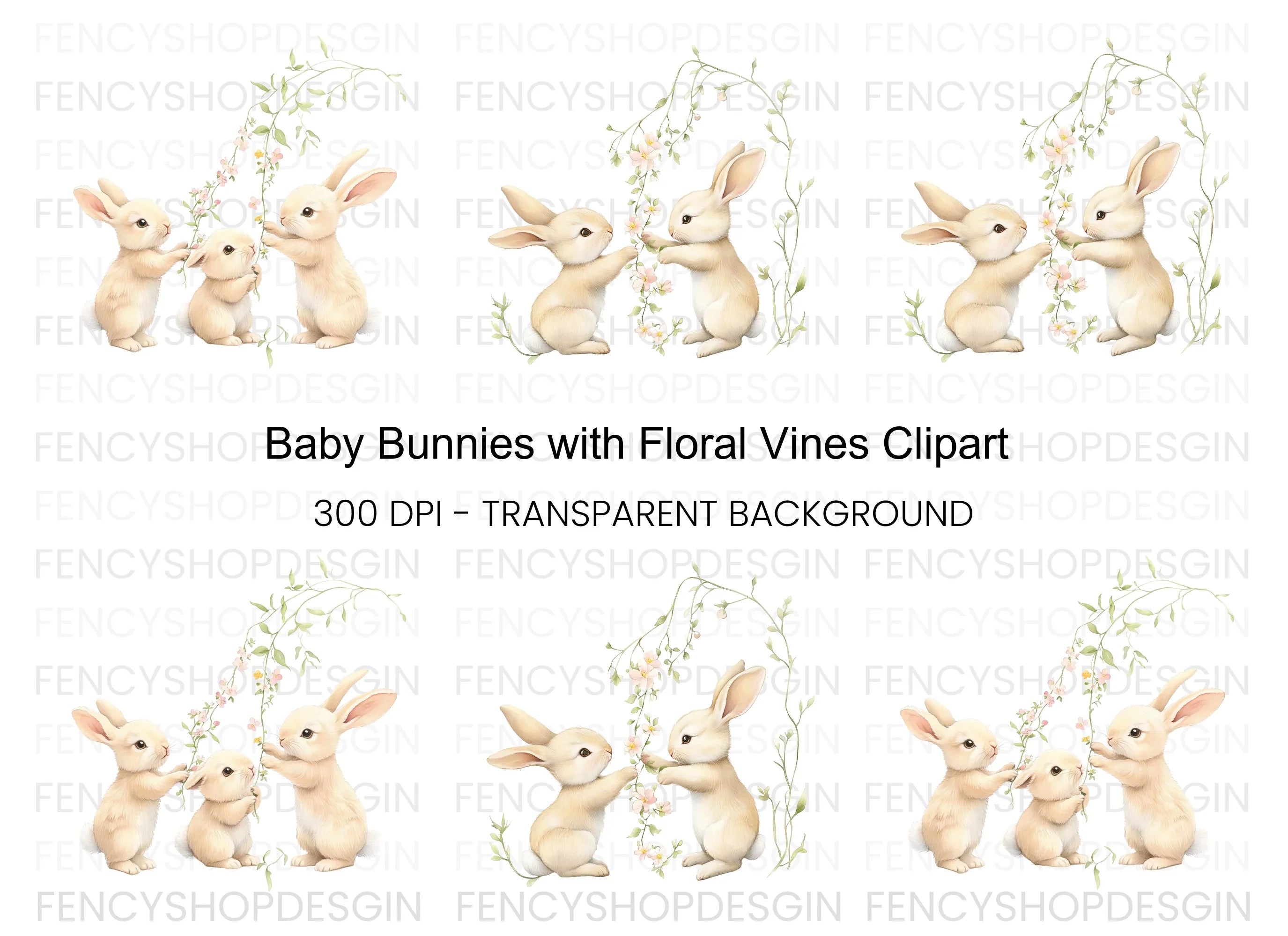 Baby Bunnies with Floral Vines Clipart Bundle