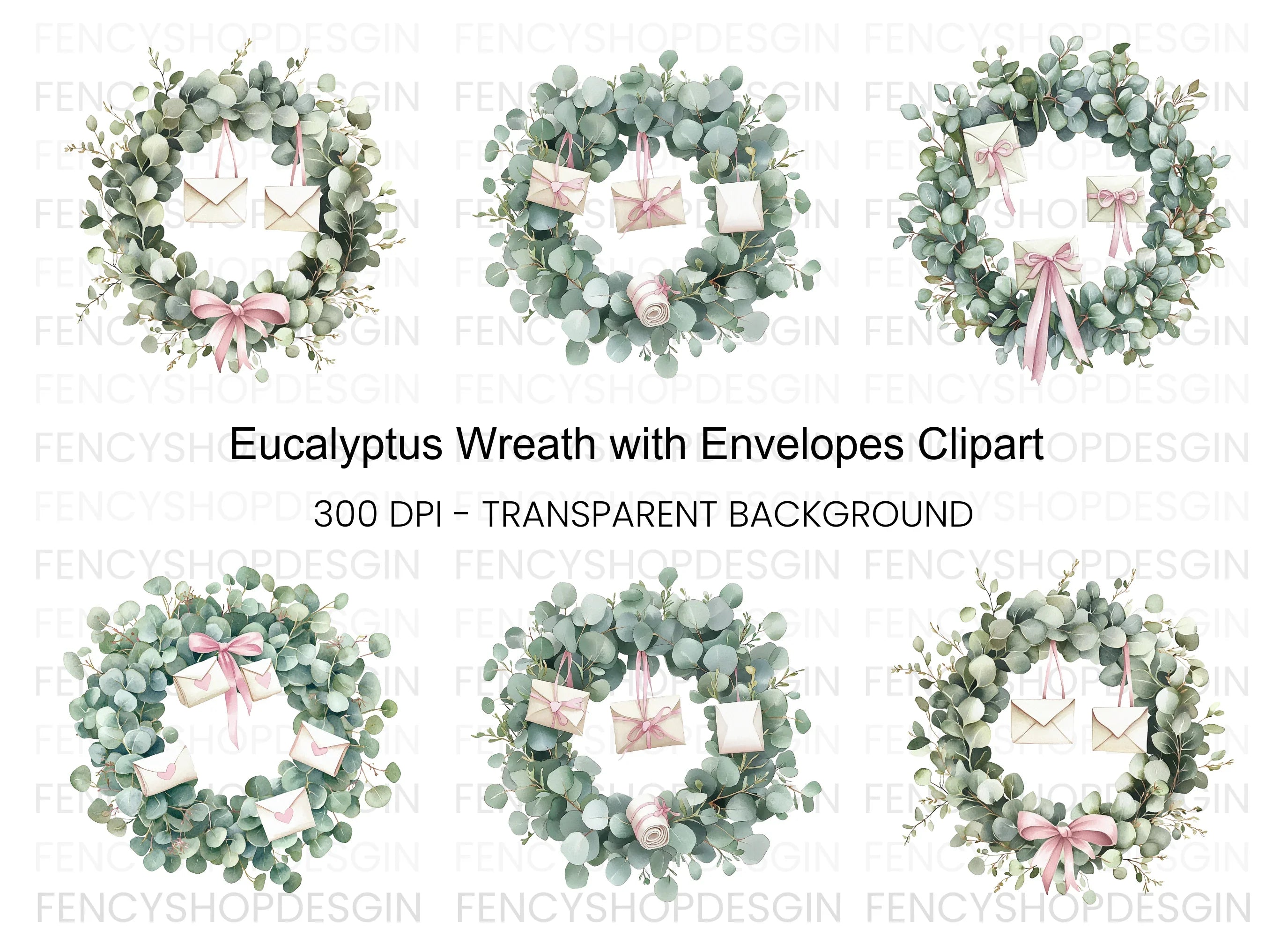 Eucalyptus Wreaths with Envelopes Clipart Bundle