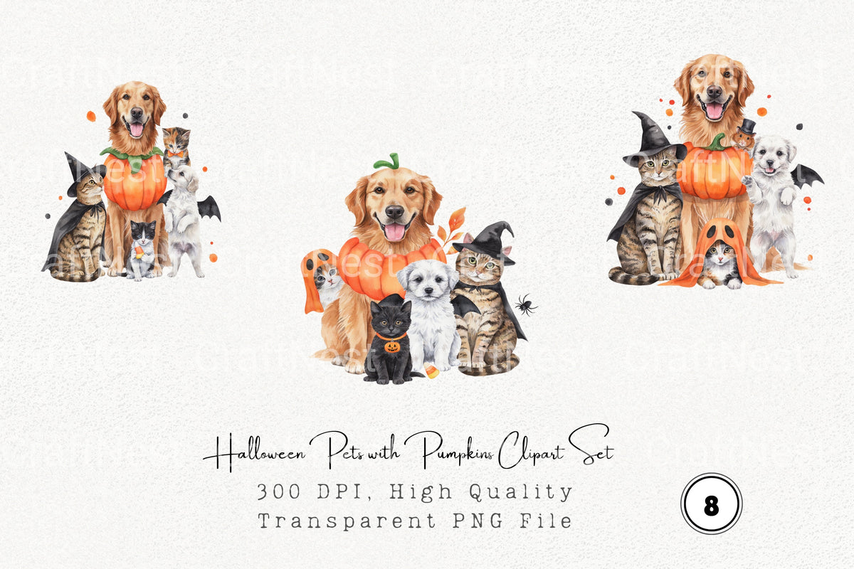 Halloween Pets With Pumpkins Clipart Bundle
