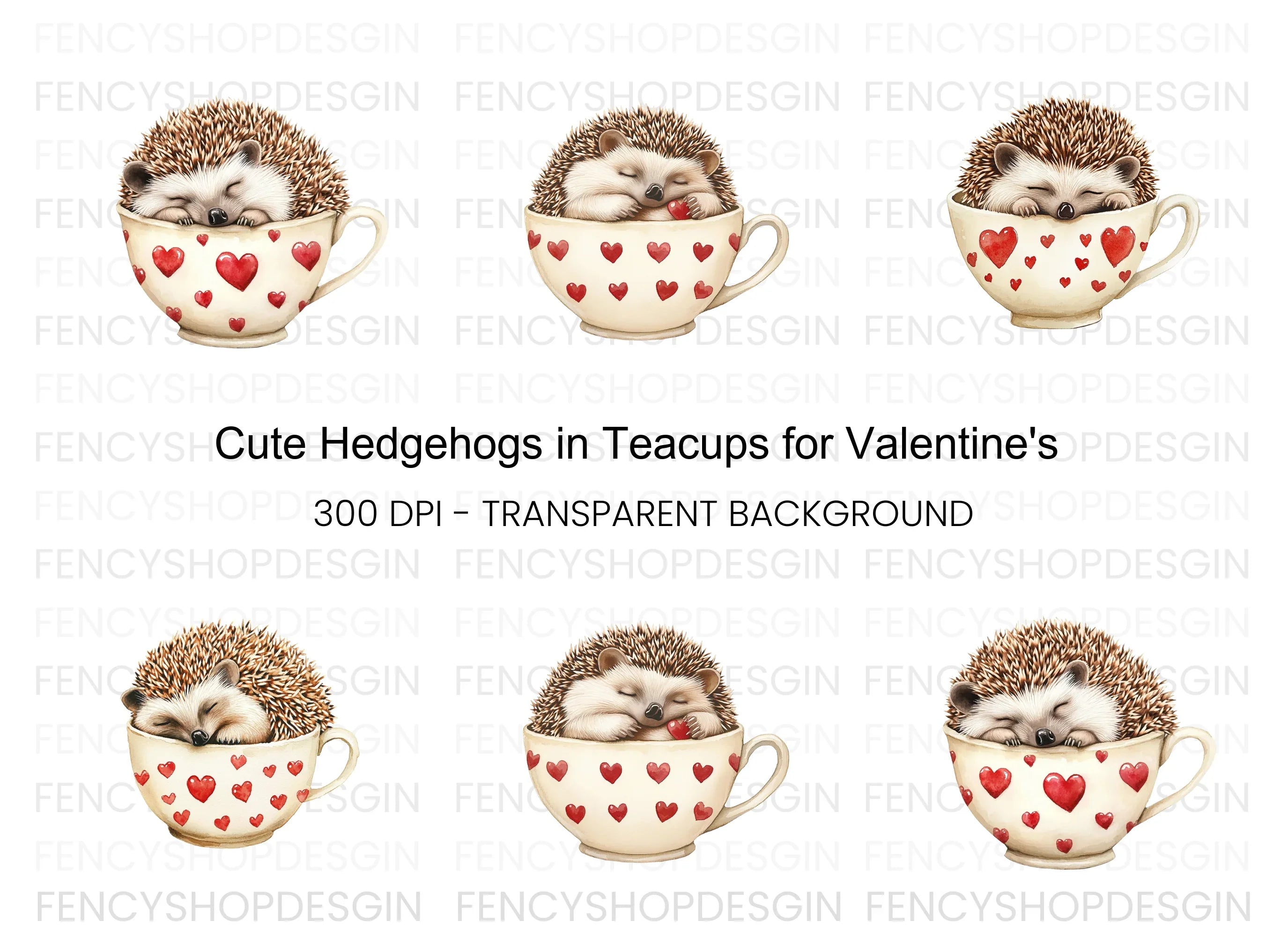 Cute Sleeping Hedgehogs in Heart Cups Clipart Bundle