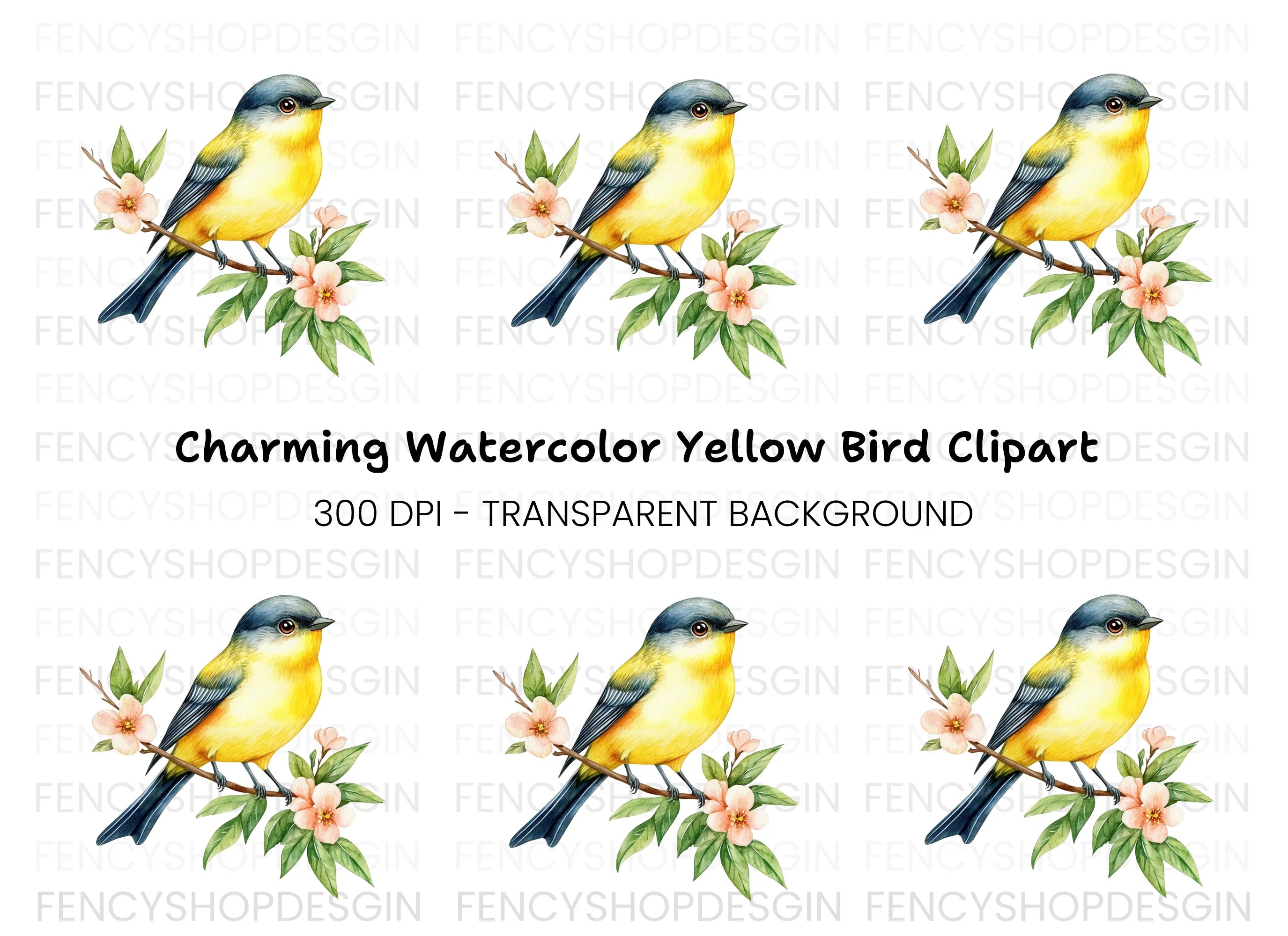 Yellow Bird on Branch Clipart Bundle