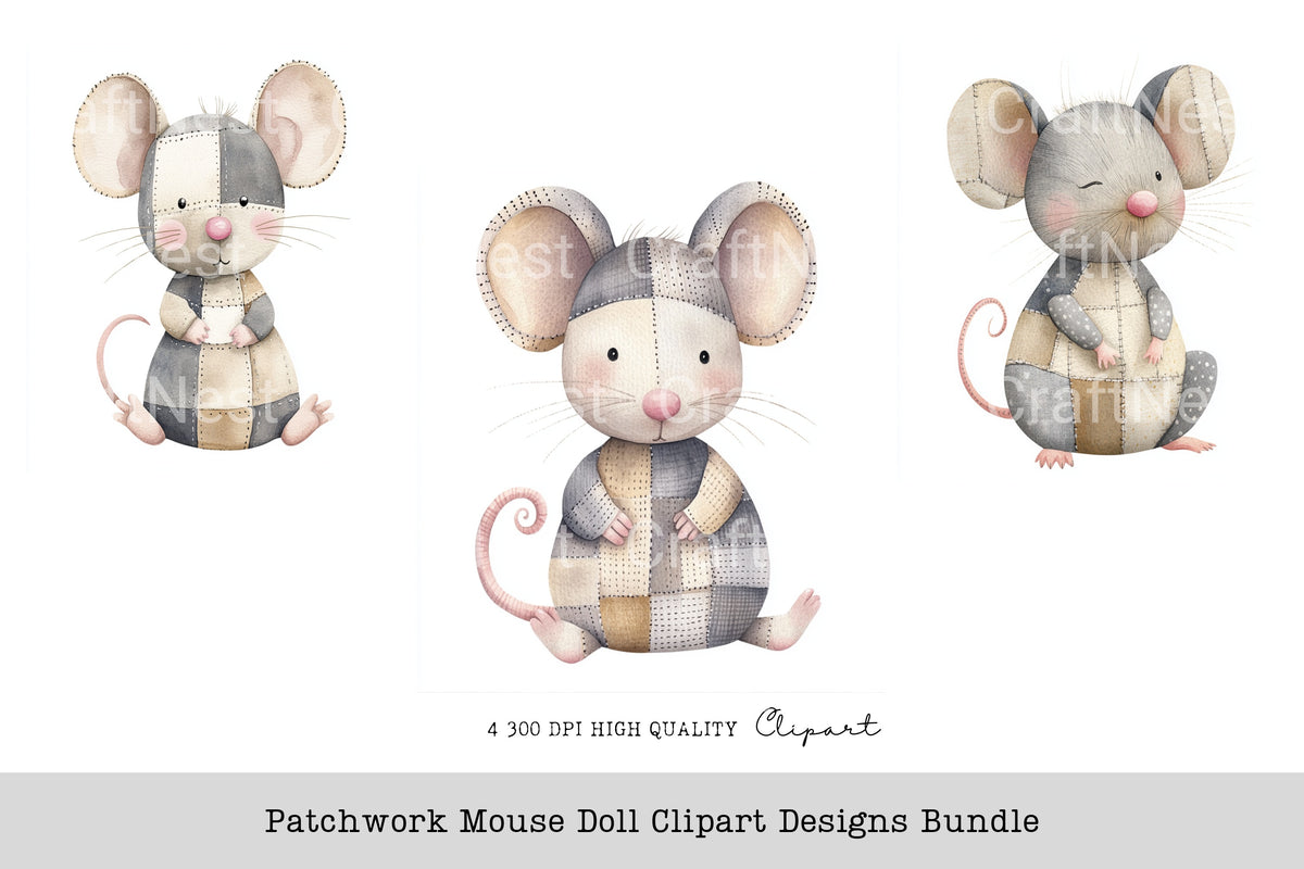 Patchwork Mouse Doll Designs Clipart Bundle