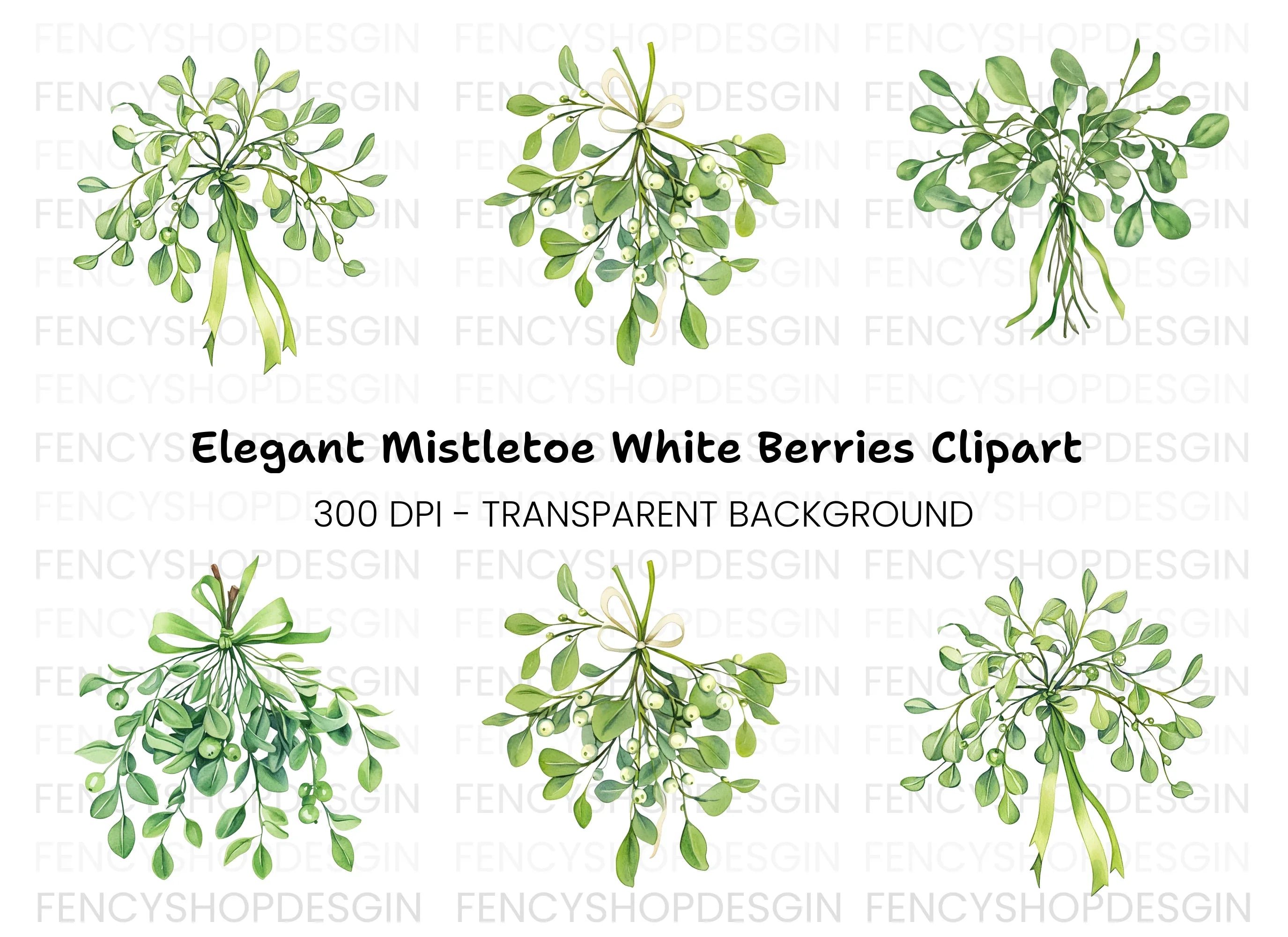 Green Mistletoe with Berries Clipart Bundle