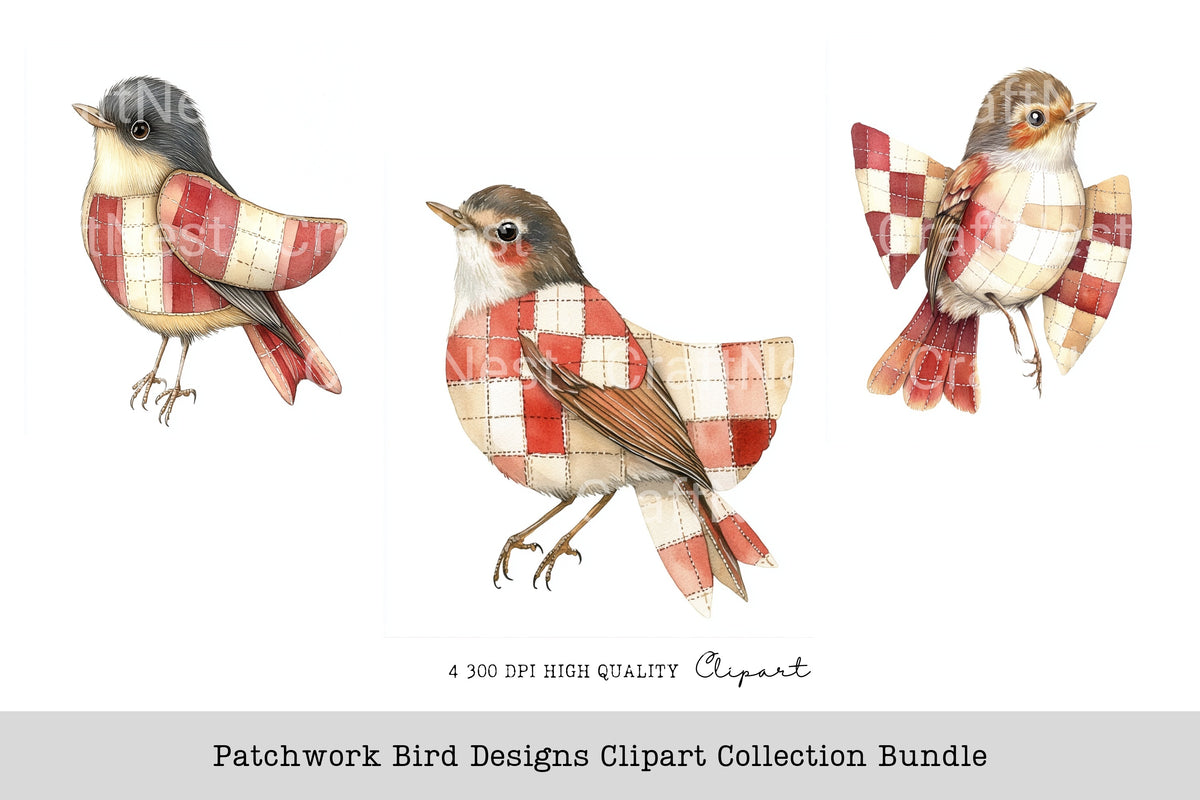 Patchwork Bird Designs Clipart Bundle