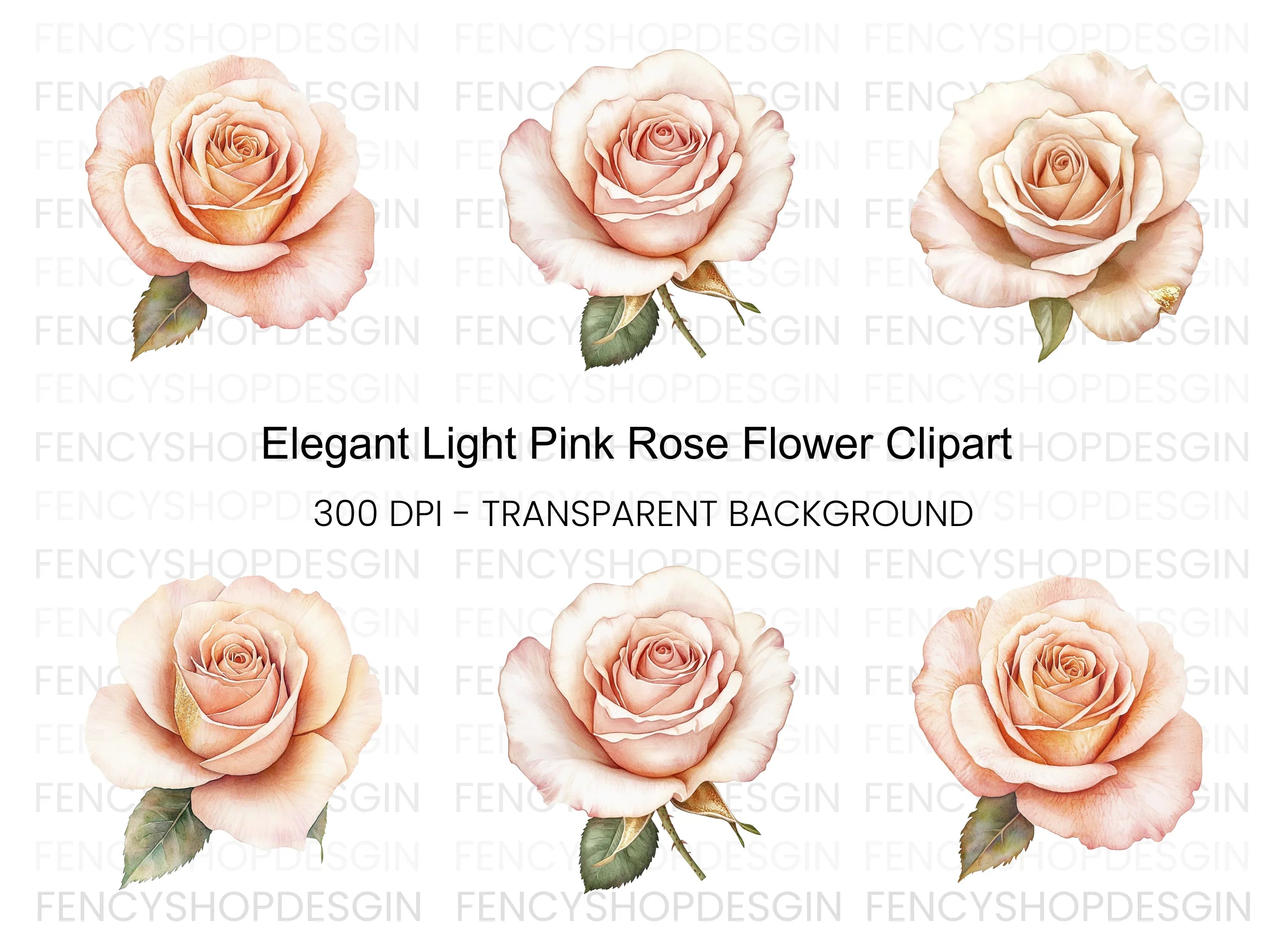 Elegant Blush Pink Rose Flower Clipart Bundle