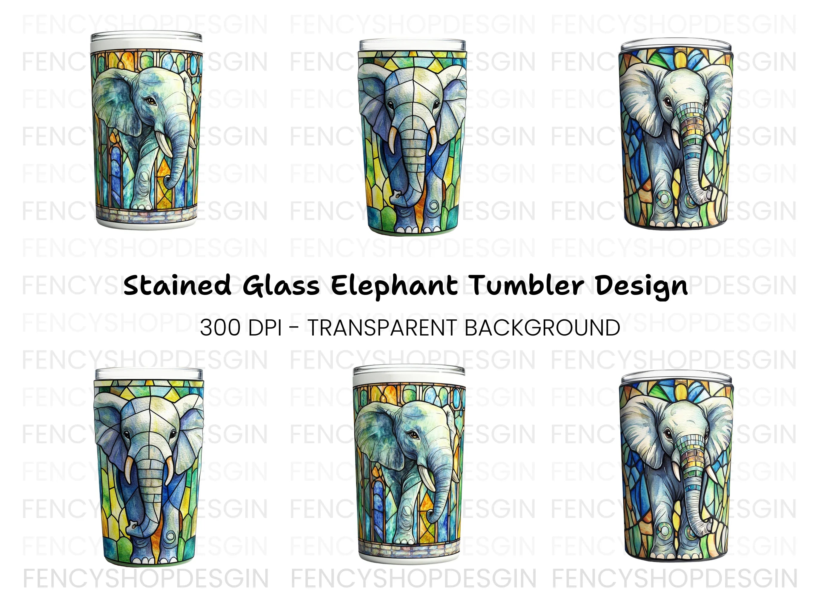 Stained Glass Elephant Tumbler Clipart Bundle