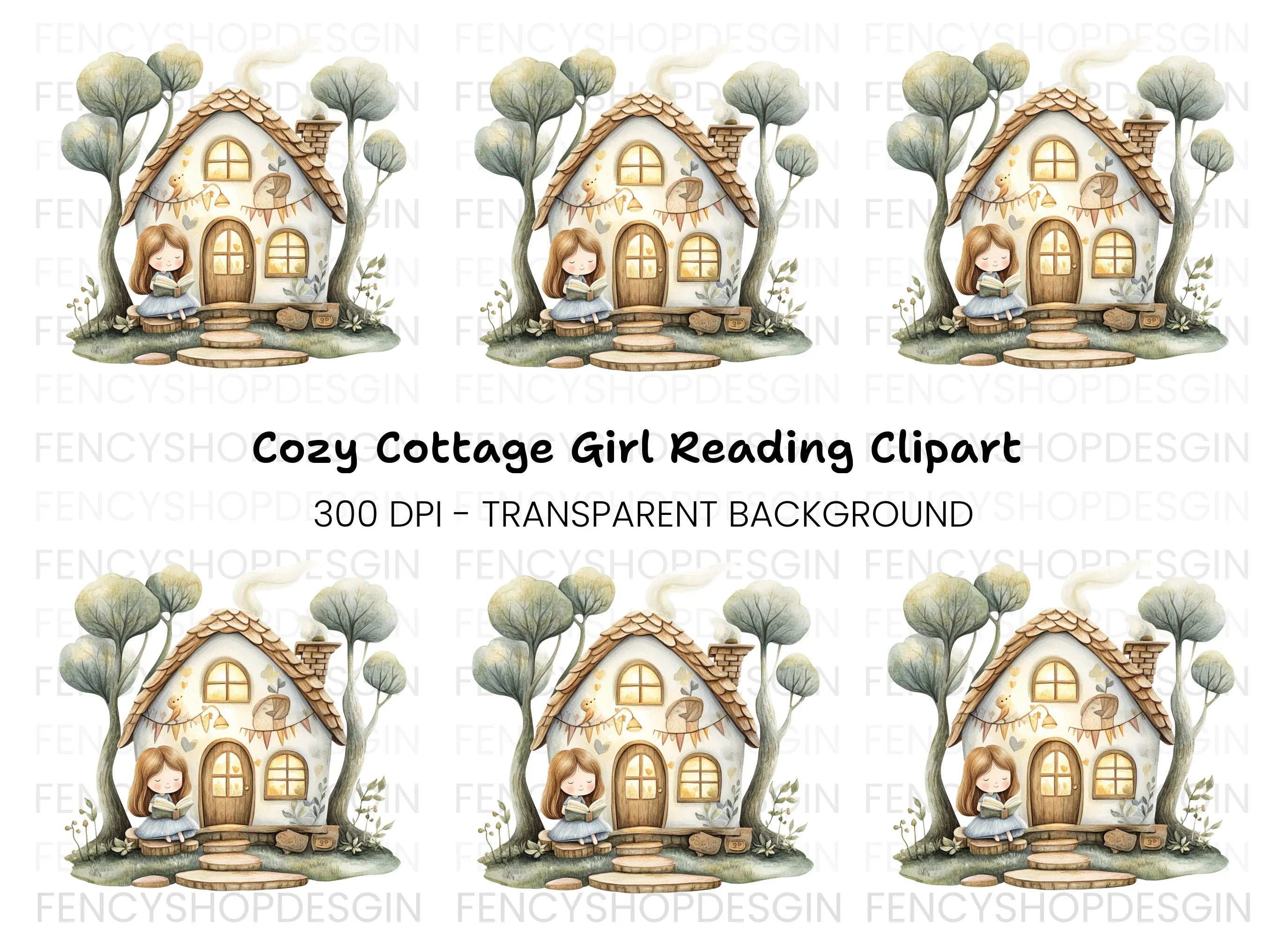 Cozy Cottage Girl Reading Clipart Bundle