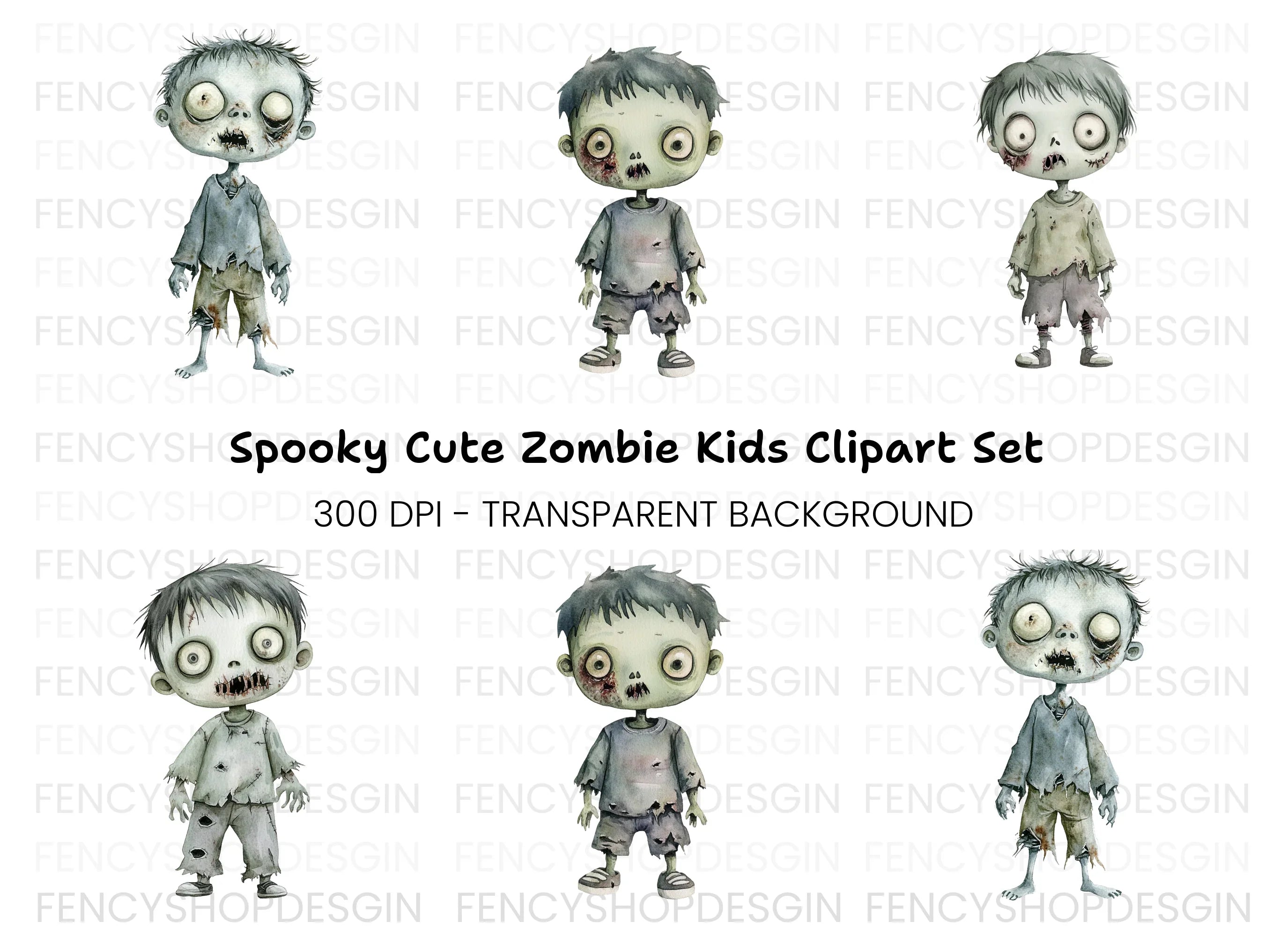 Cute Zombie Kids Halloween Clipart Bundle