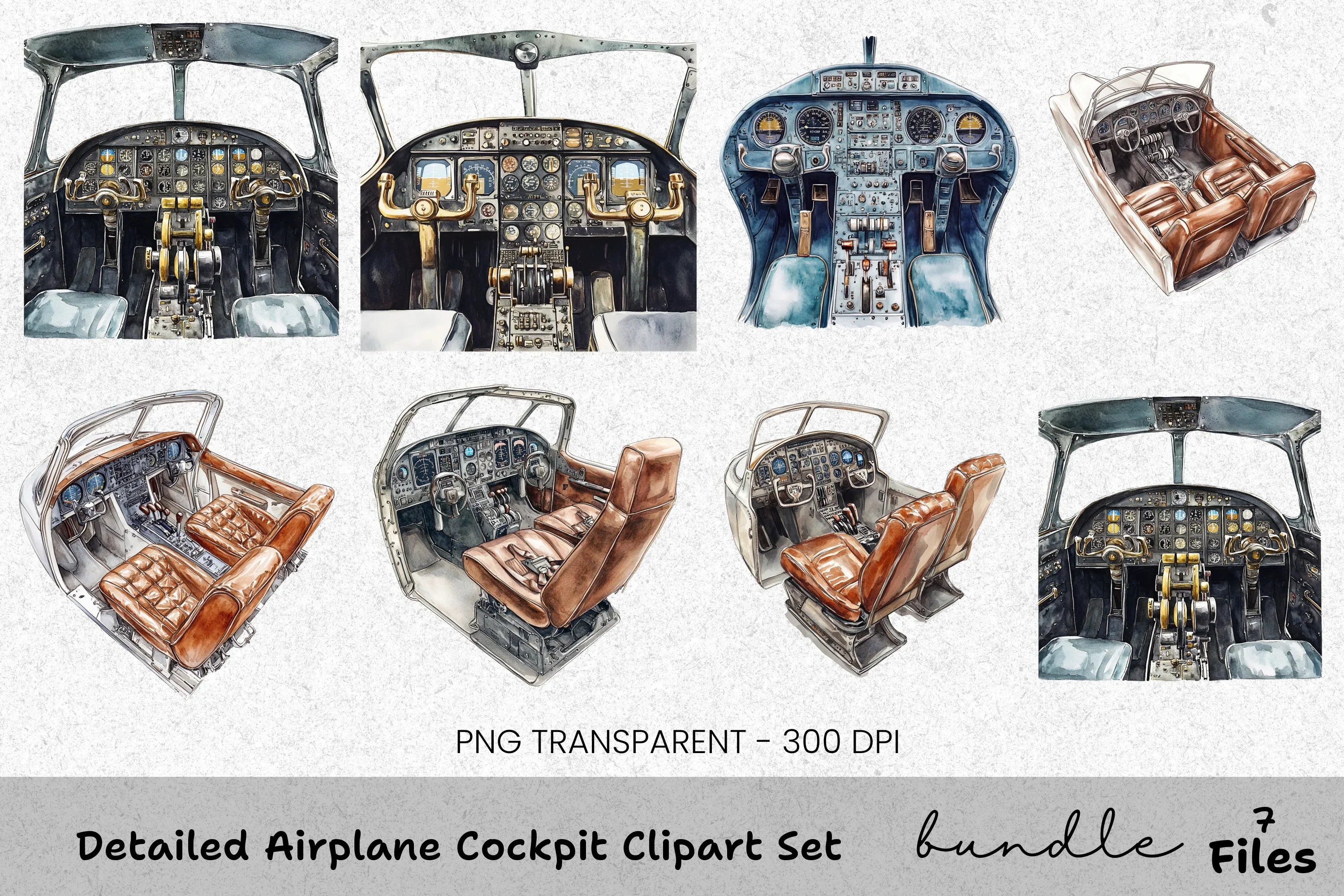 Detailed Airplane Cockpit Clipart Bundle