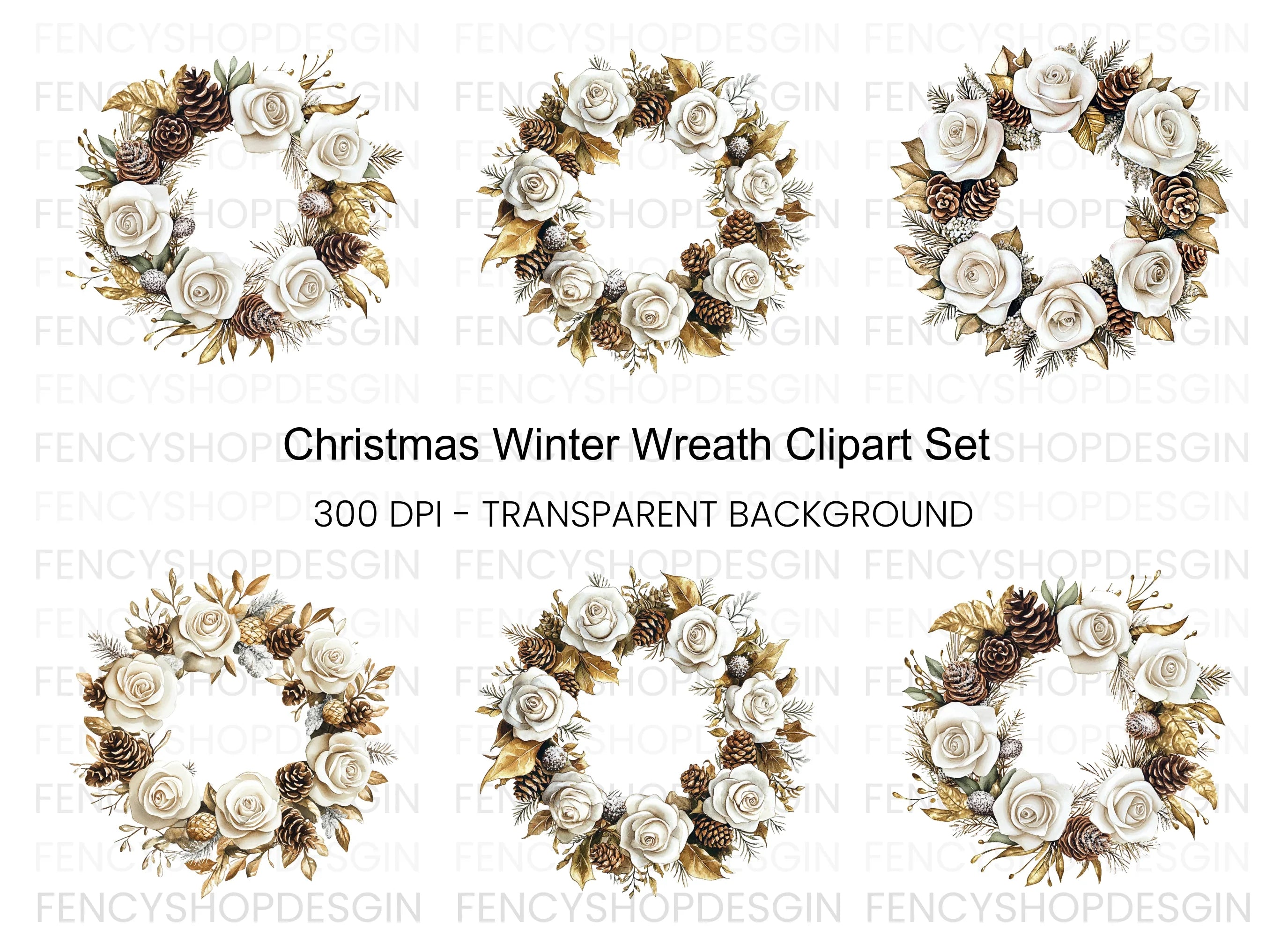 Elegant Winter White Rose Wreath Clipart Bundle